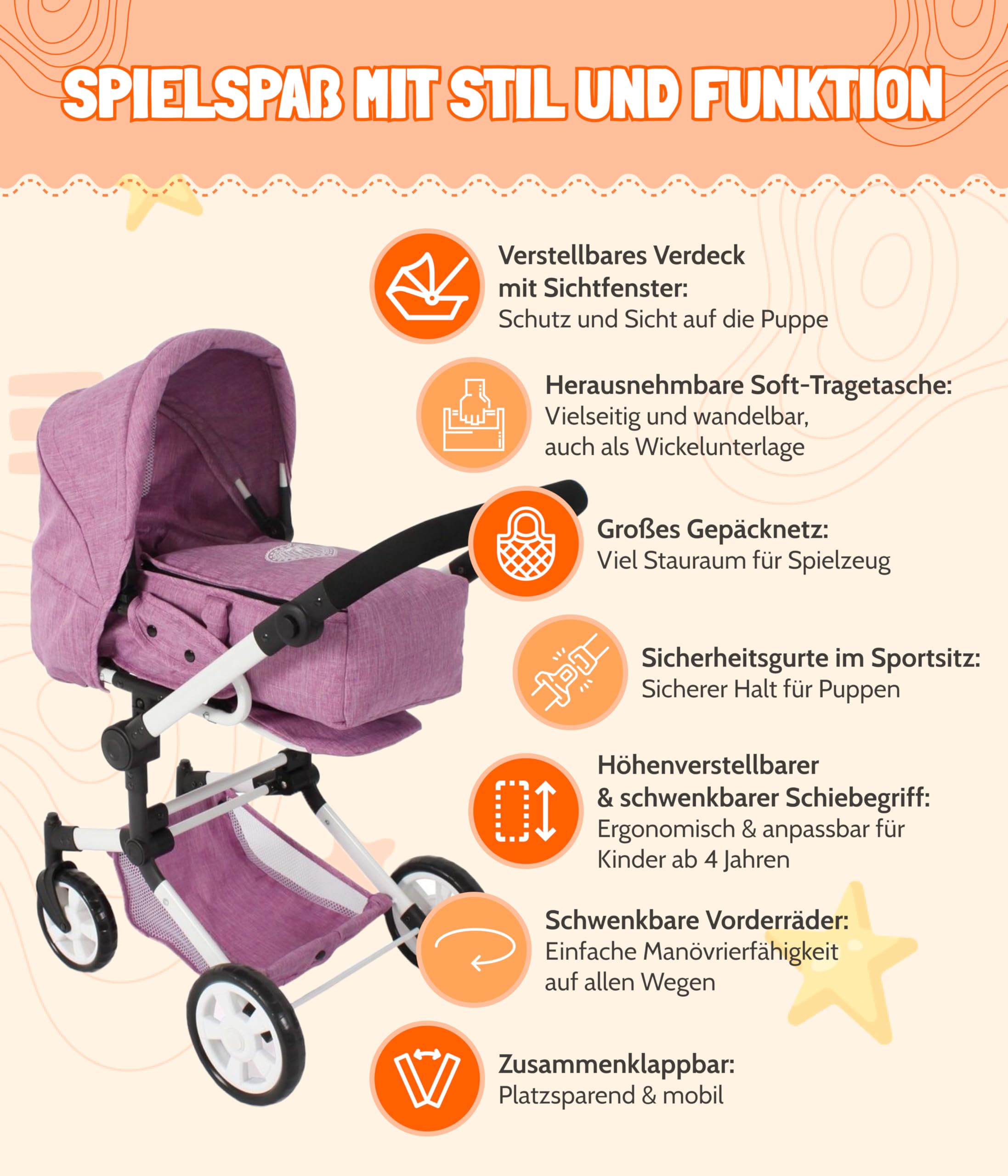 Bayer Chic 2000® wózek dla lalek Jara 3 w 1, różowy, składany, uchwyt z regulacją wysokości 47-78 cm, torba transportowa, lalki do 52 cm, 4-8 J.
