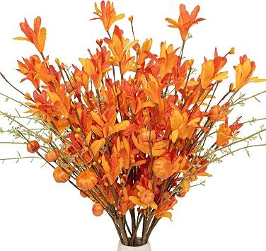 LLZLL Artificial Fall Flowers 12 Pack Fall Floral Picks with Pumpkins and Berries 17 Inch Orange Forsythia Stems for Autumn Flower Arrangements Home Thanksgiving Decorations