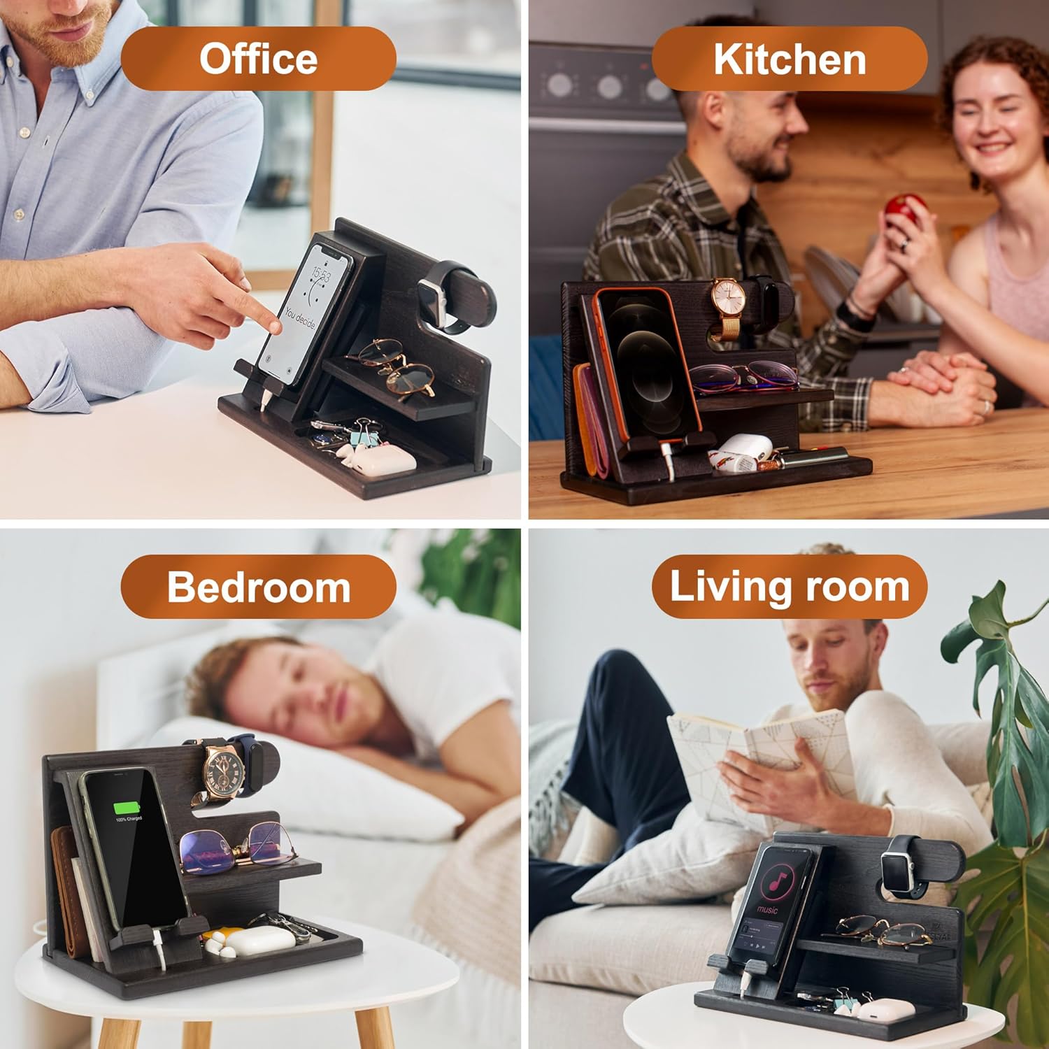 TESLYAR Wood Phone Docking Station for Men - Desktop or Nightstand Organizer - Birthday Gifts for Men, Dad - Anniversary Idea from Wife - Key Holder, Stand Wallet, Watch & Essentials (Granite Black)