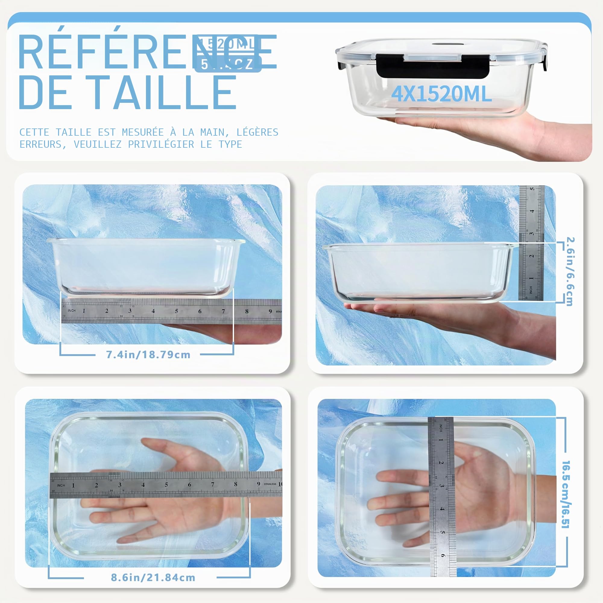 ERUIV Boite Conservation Alimentaire Rectangles, 4 pièce 1520ml Set Contenitori per alimenti, Plat En Verre Avec Couvercle hermétiques, boite de conservation alimentaire en verre empilables, Sans BPA