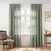PONY DANCE Linen Look Curtains, Sage Green, Semi-Transparent Linen Curtains with Ruffle Tape, Set of 2, H 245 x W 140 cm, Country House Style Curtains, Rail System for Living Room Decoration