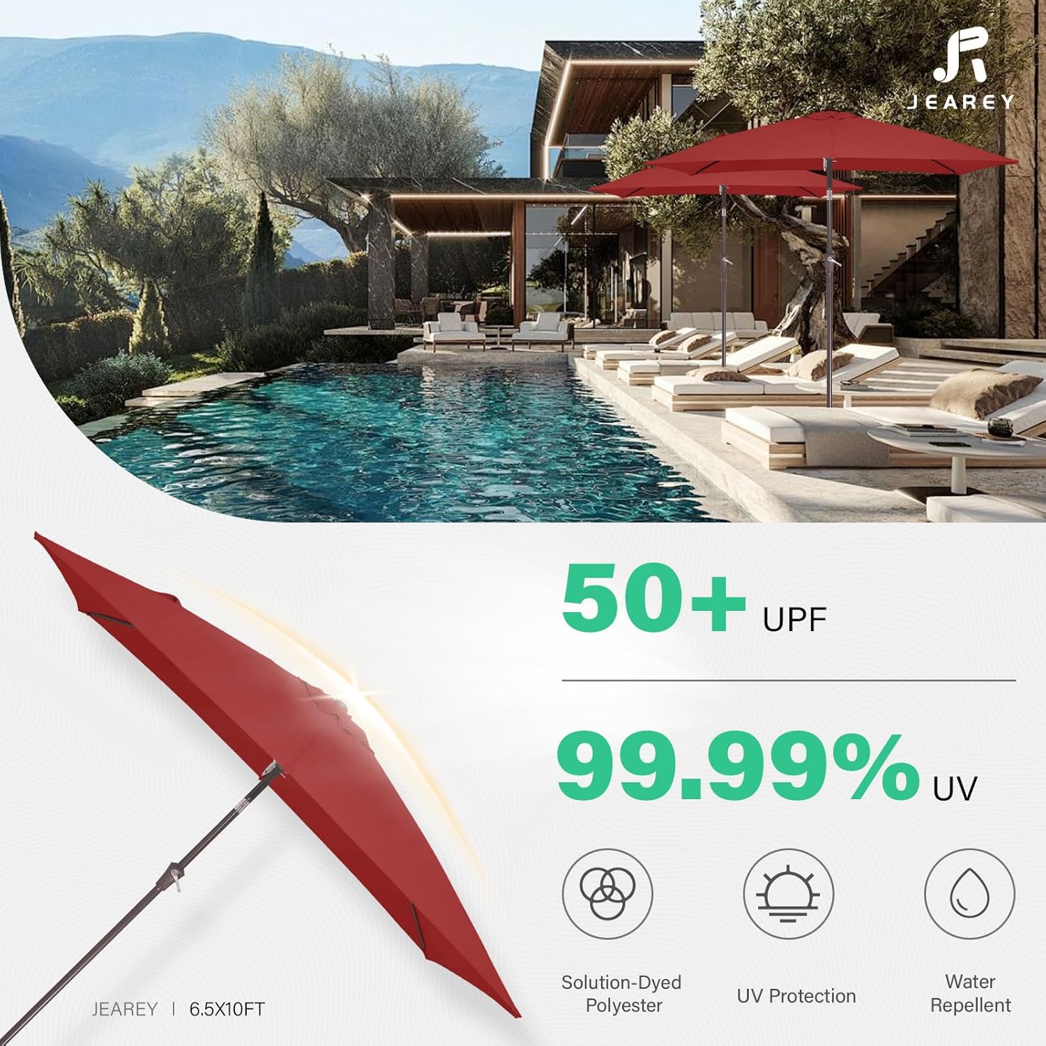 JEAREY 6.5x10 ft Rectangular Patio Umbrellas Outdoor Market Umbrella with Push Button Tilt and Crank, Table Umbrella 6 Sturdy Ribs UV Protection Waterproof for Pool Garden Backyard Deck, Red