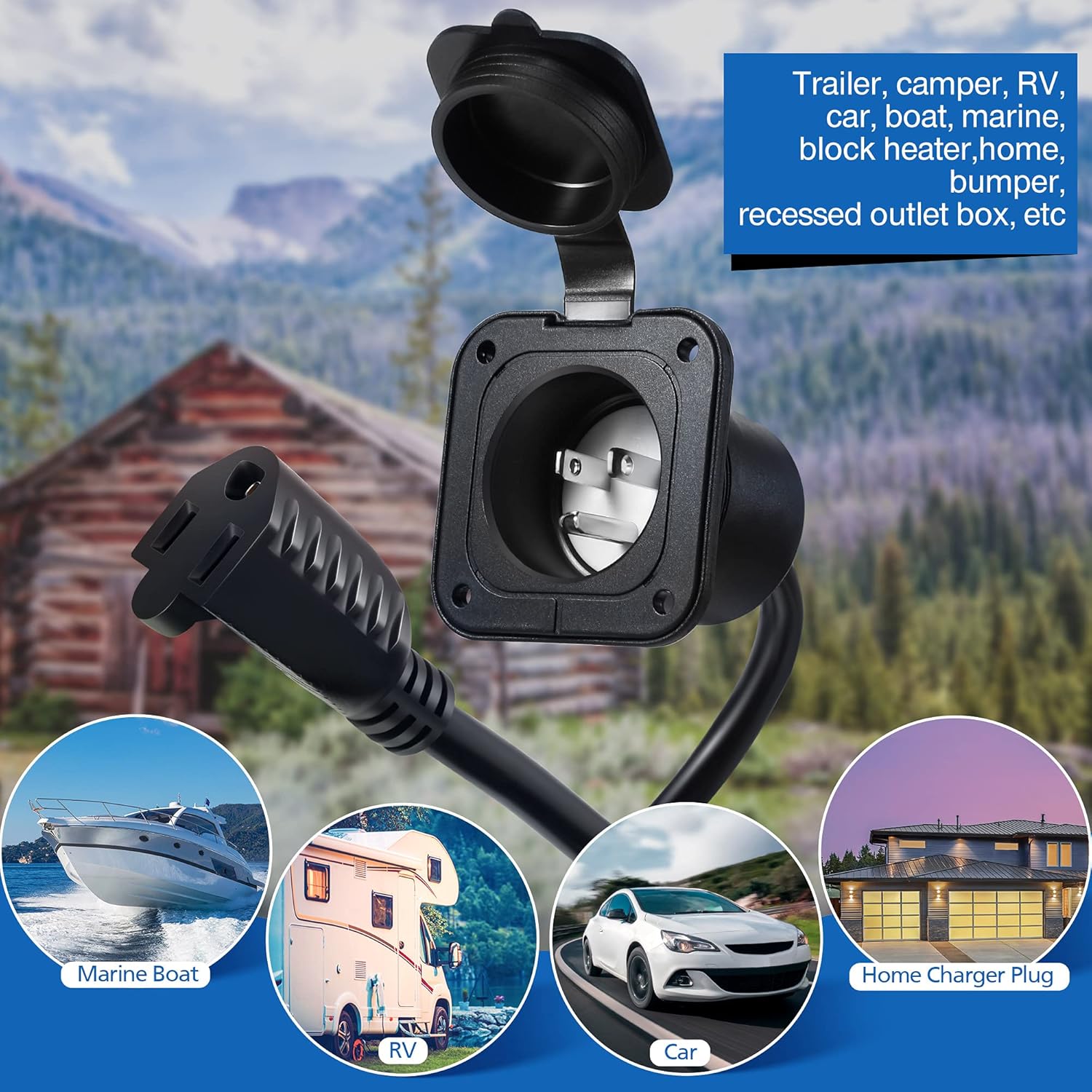 15 Amp AC Port Plug, ETL Listed Power Inlet Socket 125 Volt with 2 Inch Hole Saw Bi-Metal Hole Saw Twist Drill Bit, L Hex Wrench Waterproof Electrical Outlet Receptacle Box for Outdoor RV Travel : Automotive