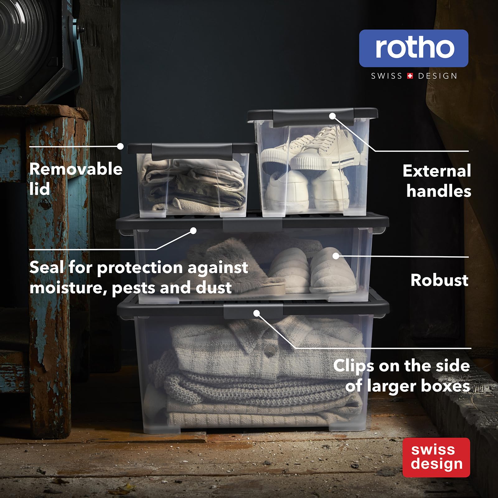 Rotho CORE Pro 4x Cajas de Almacenamiento Herméticas 15 l con Tapa | Contenedores apilables de 39,3x28,3x23 cm, cierre de seguridad con sello y código QR para gestión digital mediante App