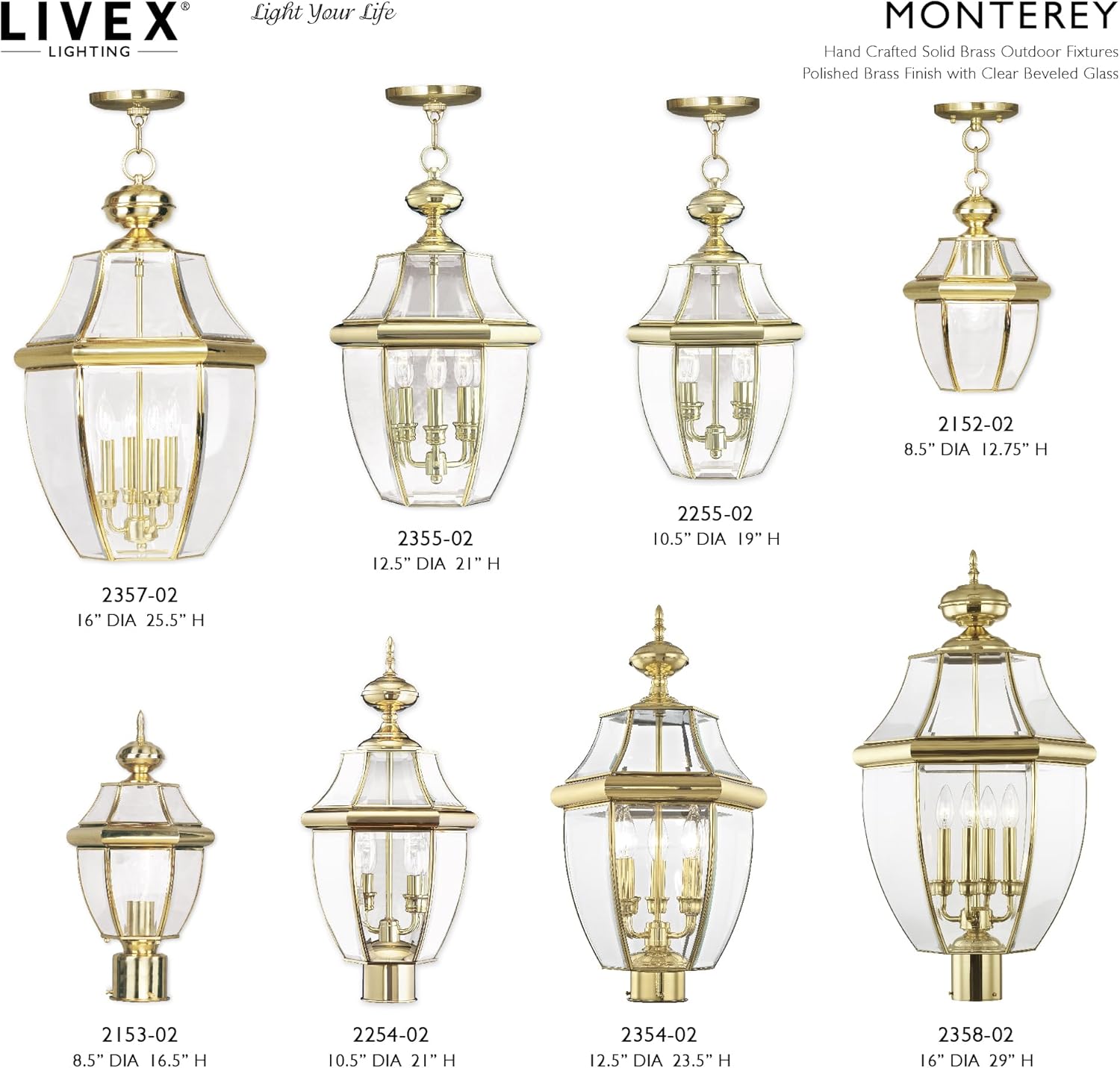 Livex Lighting Lantern 2354-02 Monterey 3 Light Outdoor Polished Brass Finish Solid Brass Post Head with Clear Beveled Glass, 17" x 9" x 11"