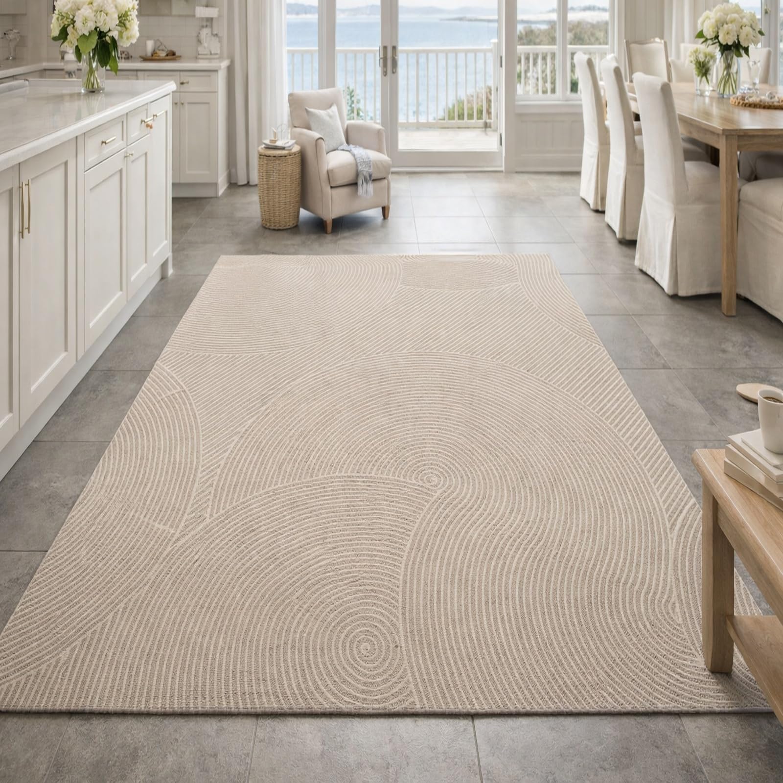 Grand tapis de salon pour chambre et séjour cosy motif géométrique beige
