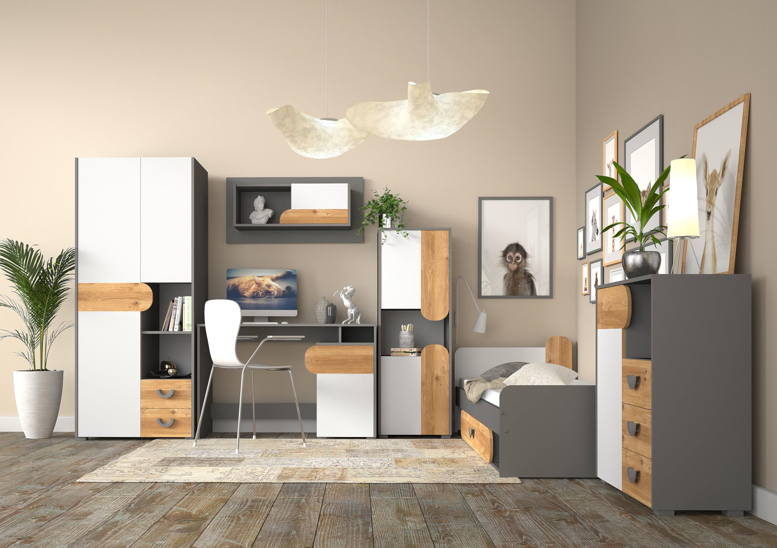 MINIO go for it - Hochregal 50 cm Carina 4 Hochschrank mit Türen | für Jugendzimmer, Highboard, Farbe: Nash Eiche / Weiß / Hellgrau
