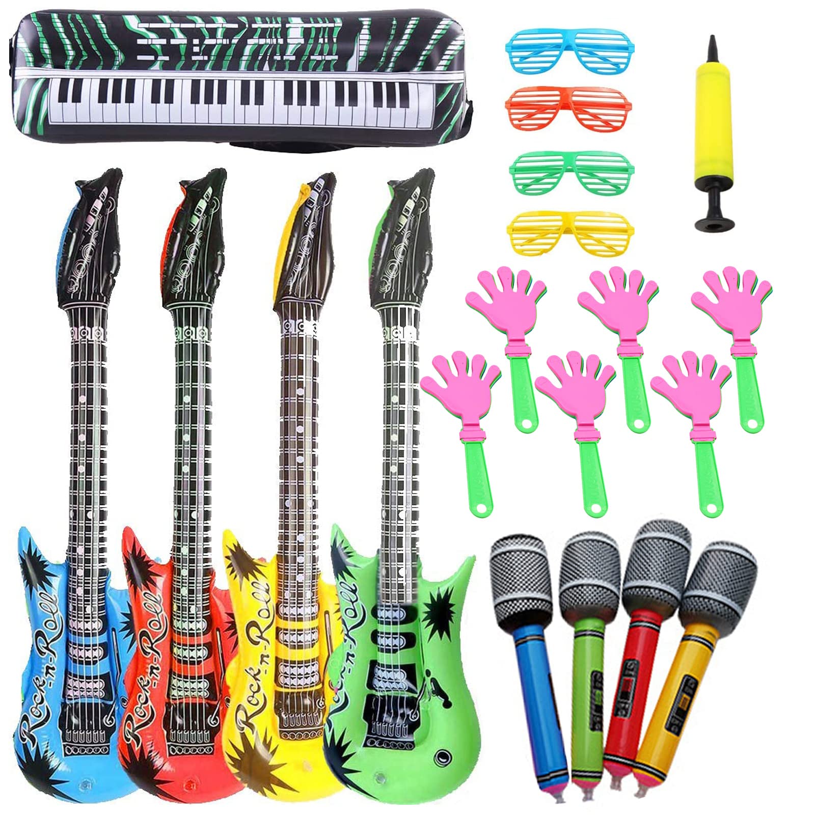 IS MUHE 19 Pack Inflatable Guitar,Blow Up Guitar,Inflatable Rock Star Toy Set,4 Inflatable Guitars,4Microphones,4 Shutter Shading Glasses,1 Inflatable Piano,6 Hand Clappers Noisemakers