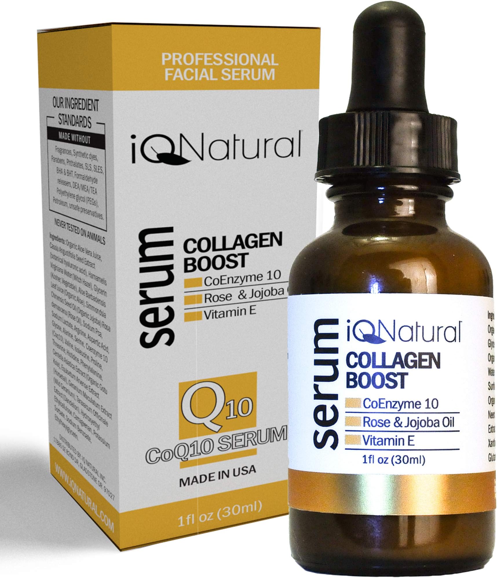 IQ Natural Collagen Boost Serum - 1 Fl Oz, 30ml Contains CoQ10, Vitamin E, Rose & Jojoba Oil - Daily Anti Aging Moisturizer for Skin Cell Repair, Firm Skin, Reduce Fine Lines & Wrinkles
