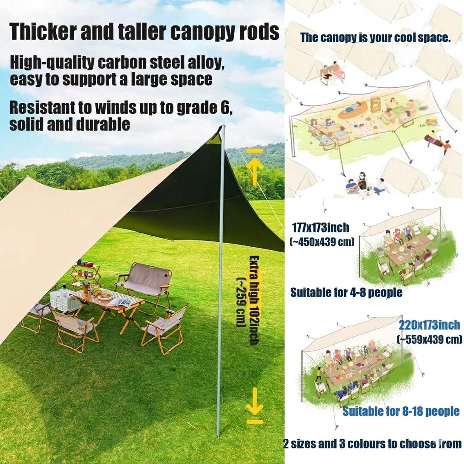 Tende Da Esterno Antipioggia Con Pali, Telo Tendalino Parasole E Tettoia Portatile Resistente, 4.4x4.5m Facile Da Montare Per Picnic Cortile E Relax In Giardino(Opaline,560x440cm)