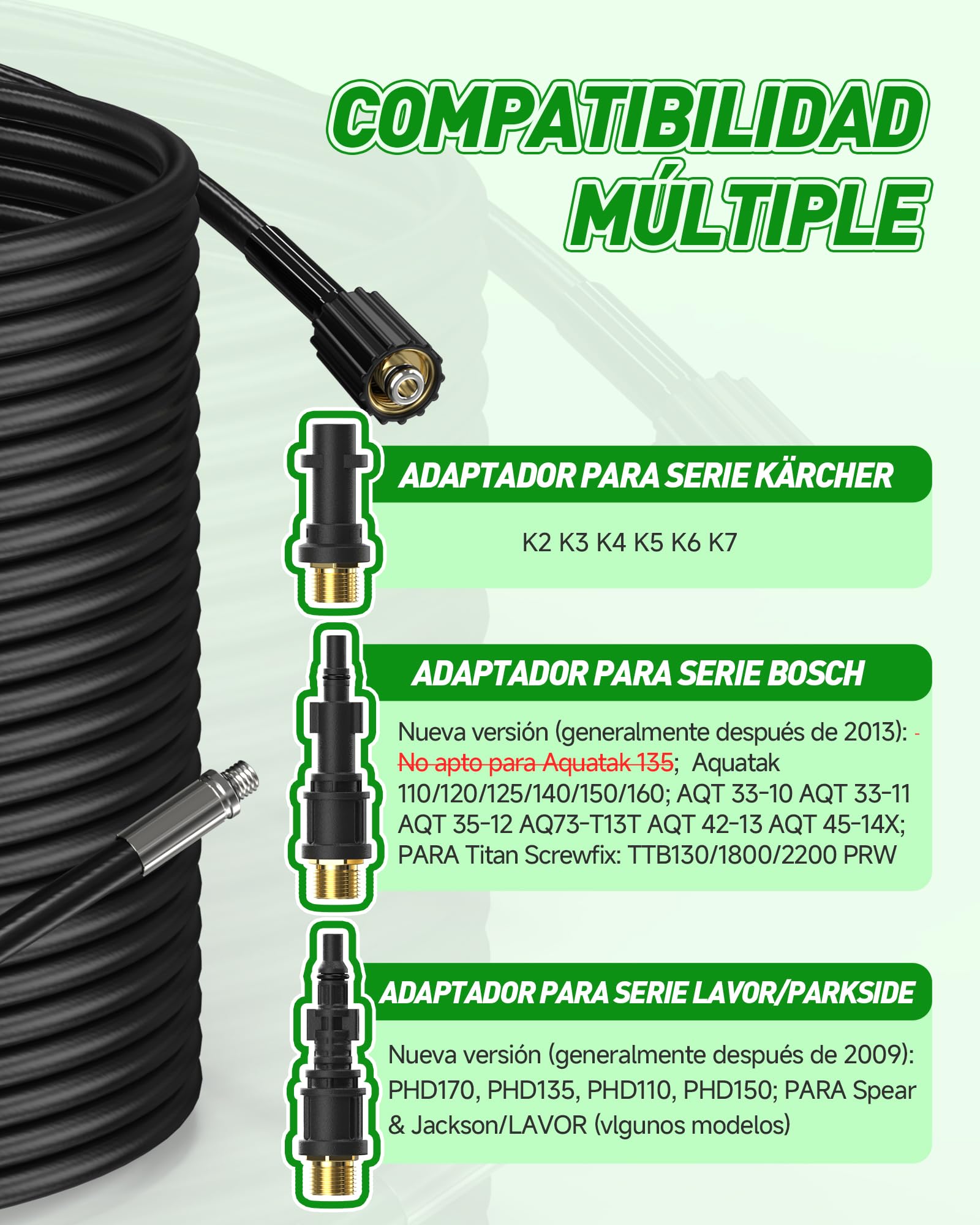 15M Manguera Desatascador Tuberias a Presion para Kärcher, Lavor, Bosch | 180Bar Kit Limpieza Tuberías, 2 Boquillas Fijas+Giratorias, para Hidrolimpiadoras Kärcher K2 K3 K4 K5 K6 K7 HD HDS y Parkside
