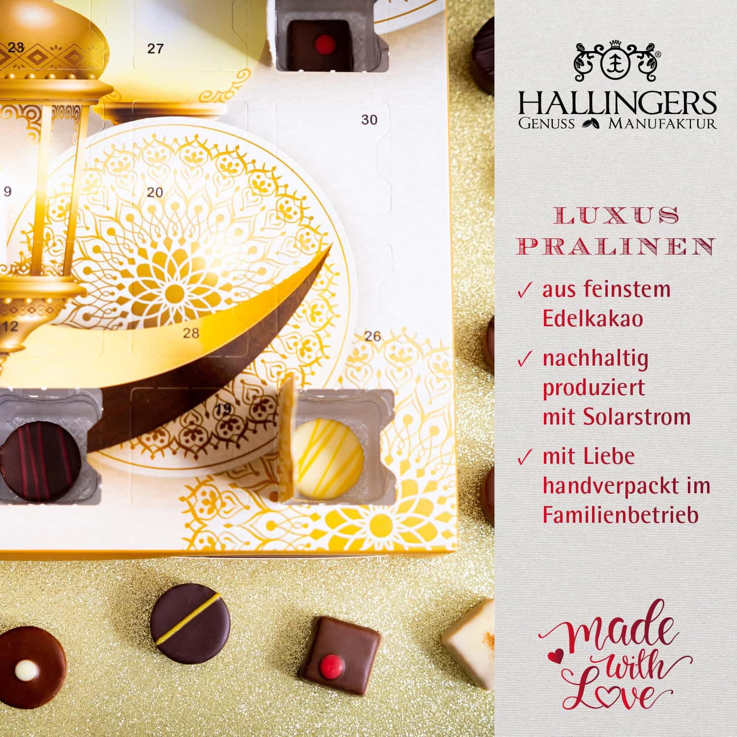 Hallingers Genuss Manufaktur Pralinen Halal Ramadan - ohne Alkohol, handmade aus Edelkakao in wertigem Softfeel-Karton "Ramadan - Mubarak", Kareem Maburak für Frauen Männer
