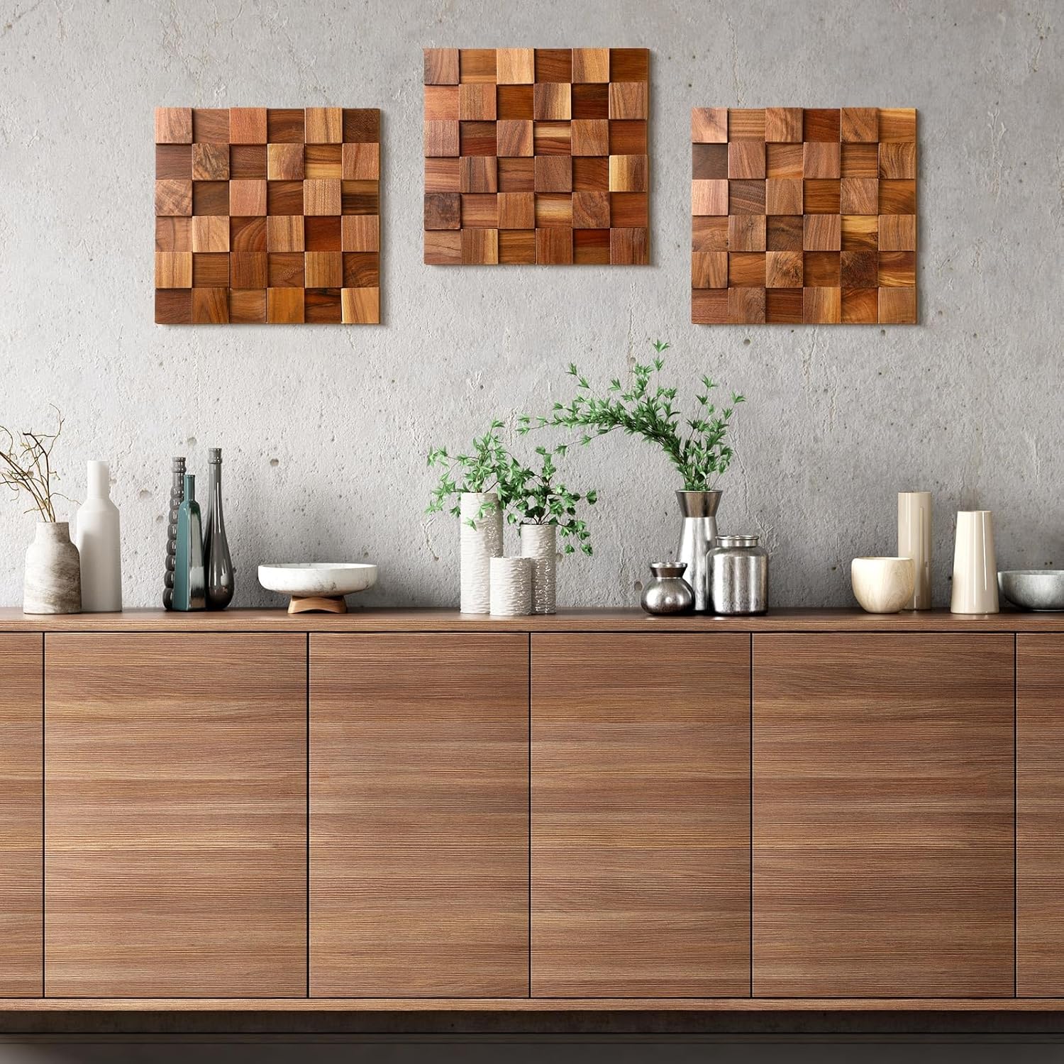 RattanView 3 Pcs 3D Wood Wall Art 11.8'' x 11.8'' Rugged Mosaic Wood Wall Decor Rustic Block Wooden Wall Art Vintage Brick Carved Wall Art for Living Room Bedroom Aesthetic, Ready to Hang