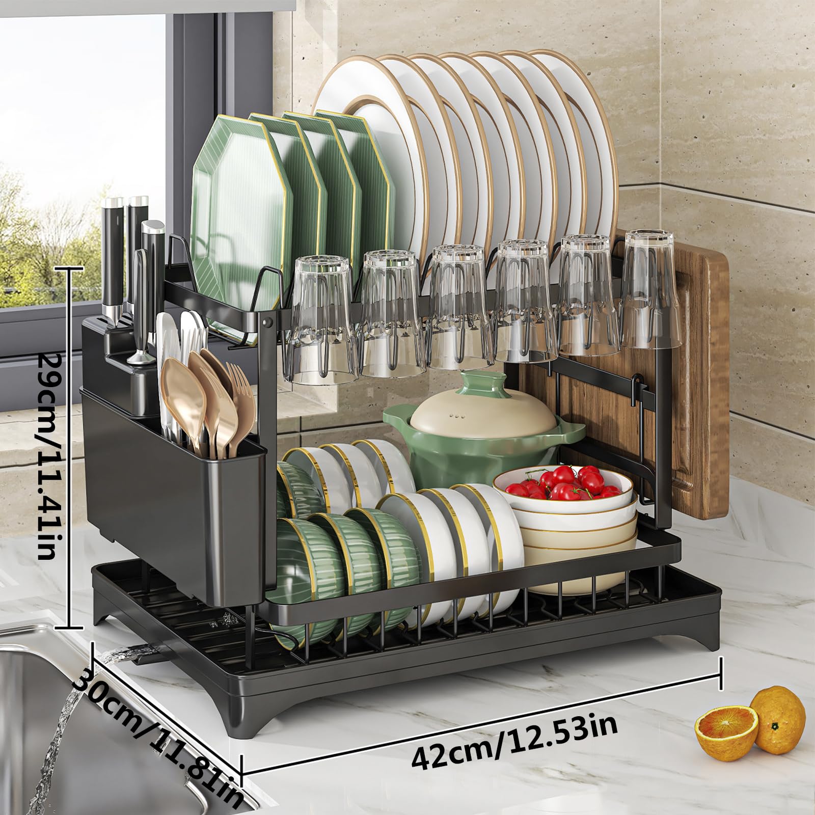 Egoutoire Vaisselle Cuisine,Séchoir à Vaisselle à 2 Niveaux pour Comptoir de Cuisine avec Plaque de Drainage,Egouttoir Vaisselle de Grande Capacité avec Porte-Couverts&Porte-gobelets