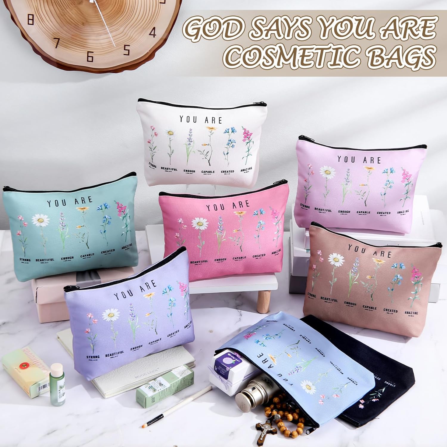 Frienda 24 Pcs God Says You Are Cosmetic Bags for Women Bible Verse Floral Makeup Case Inspirational Religious Bags Affirmations Christian Gifts for Back to School Birthday Holidays(Natural Color) - Image 4