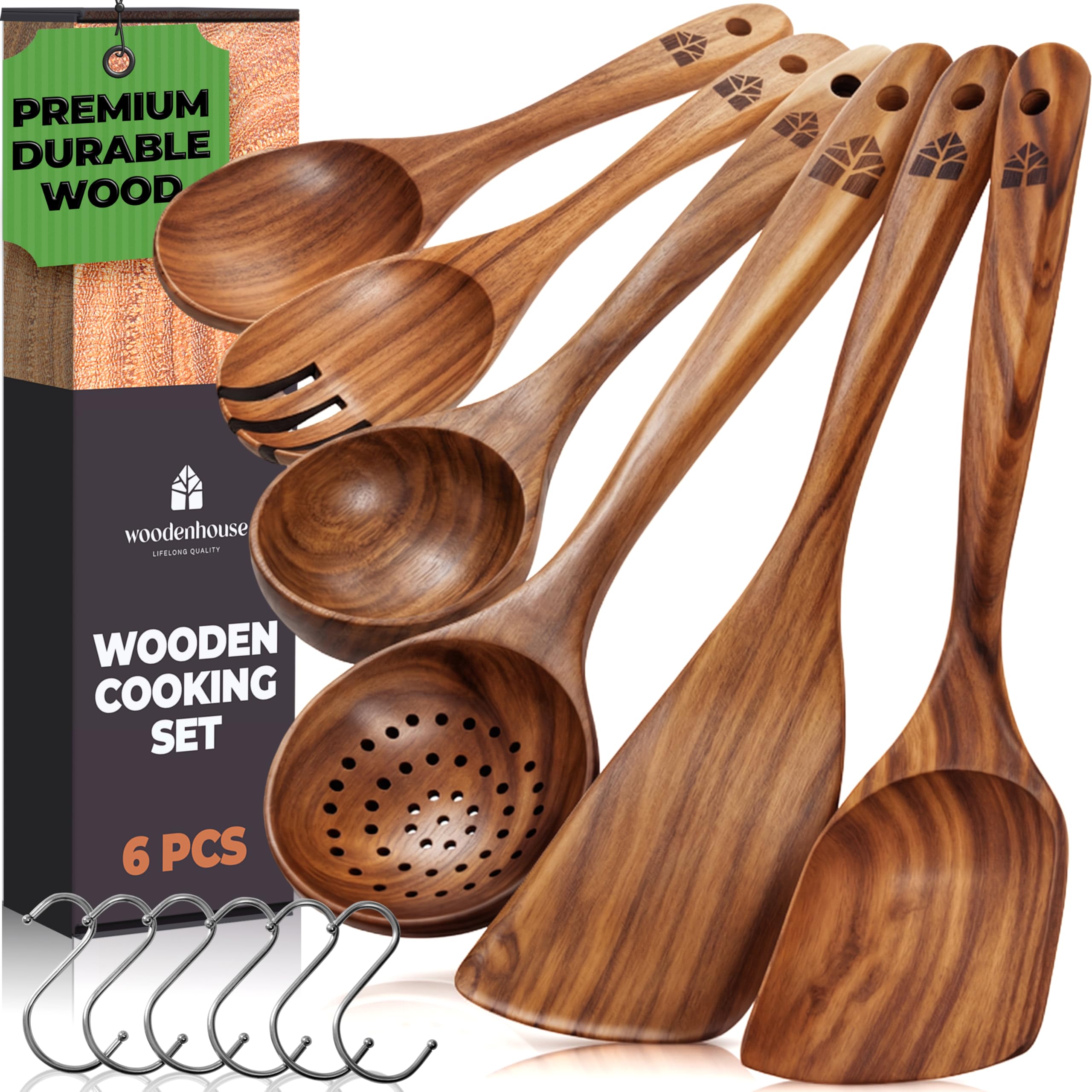 Wooden Spoons for Cooking 6 Pcs, Teak Wooden Utensil Set with Hanging Hooks