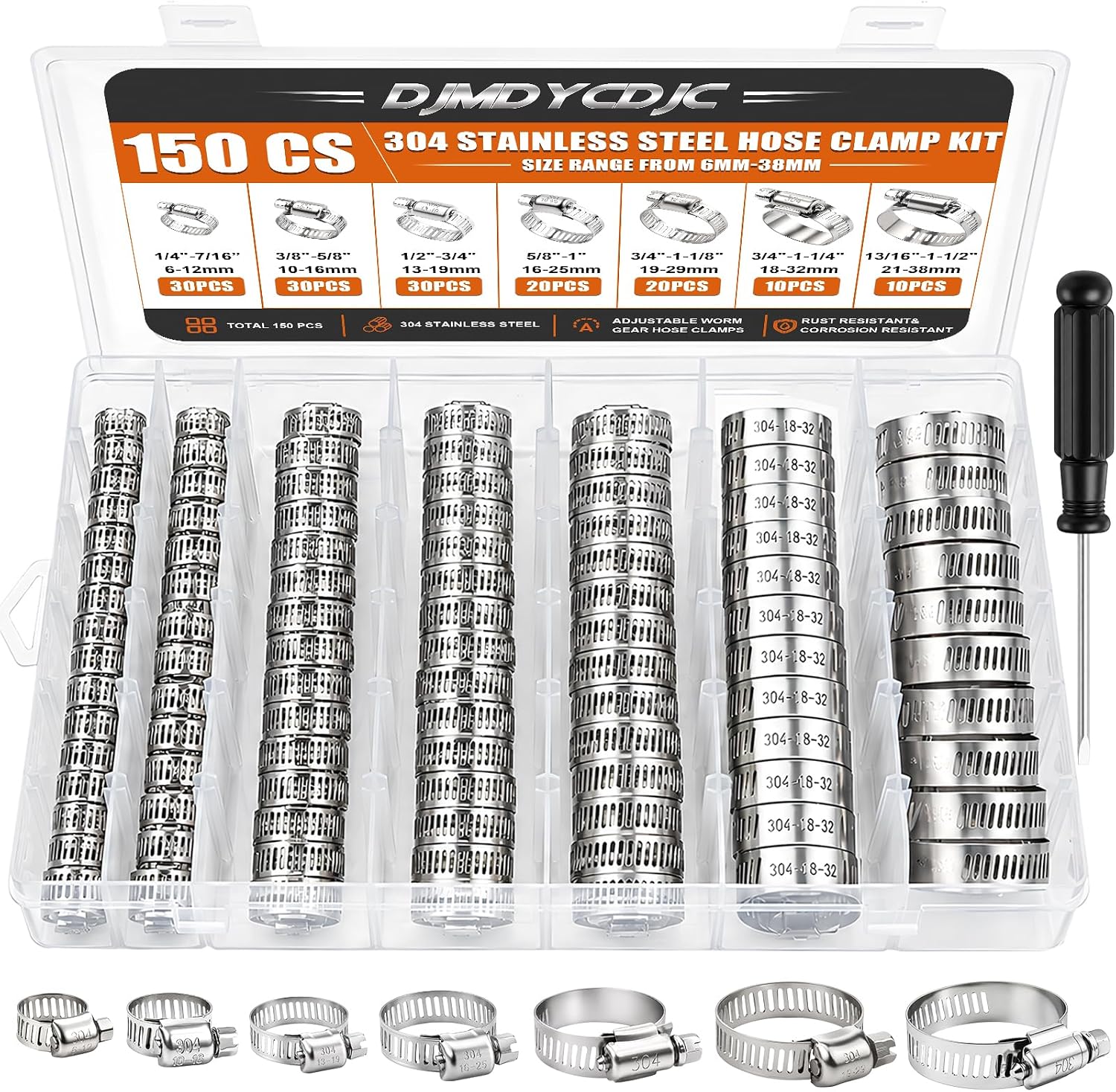 150PCS Stainless Steel Hose Clamps, Worm Gear Heavy Duty Assortment Kit, Adjustable 1/4″-1-1/2″ for Plumbing Automotive Radiator & Fuel Line