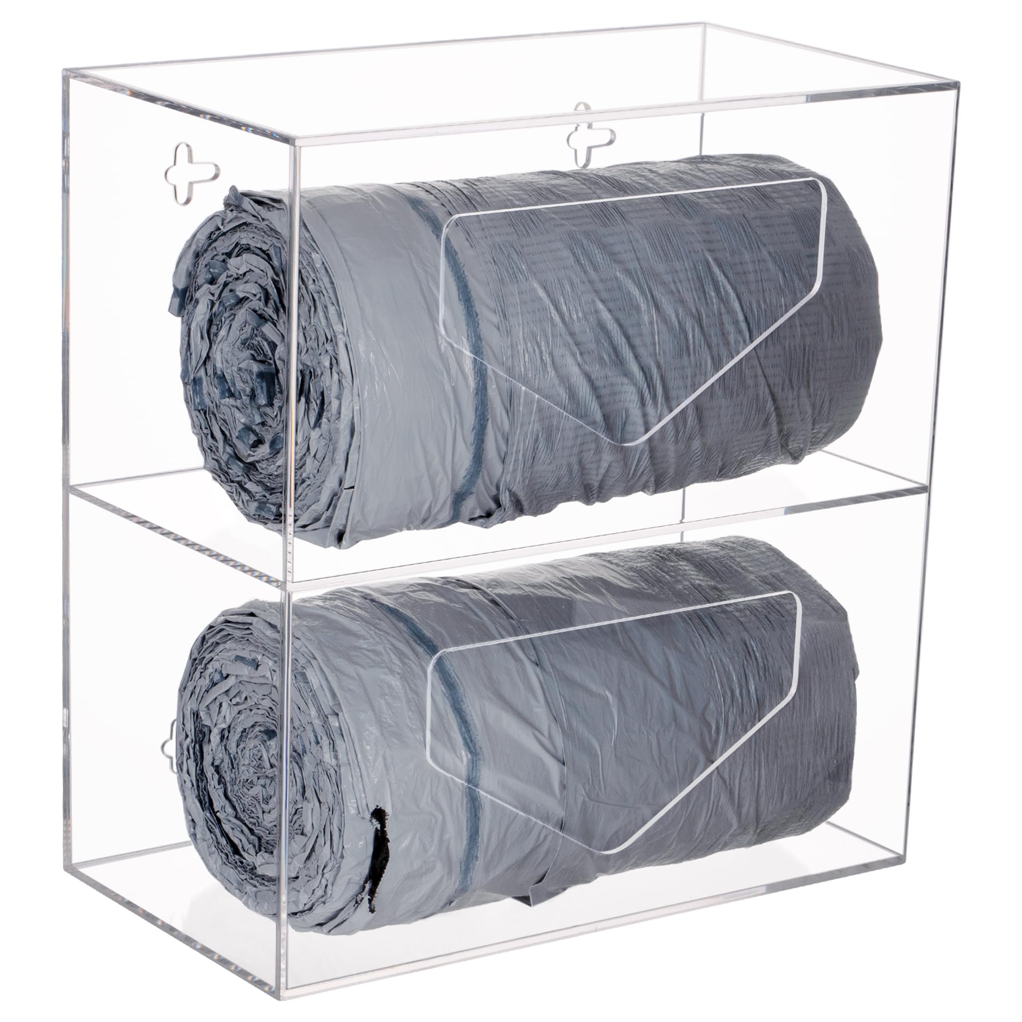 Trash Bag Dispenser with 2 Compartment, Wall Mounted Double Garbage Bag Dispenser Roll Holder Under Sink for Cabinet Kitchen Acrylic Trash Bag Organizer Dispenser, Clear