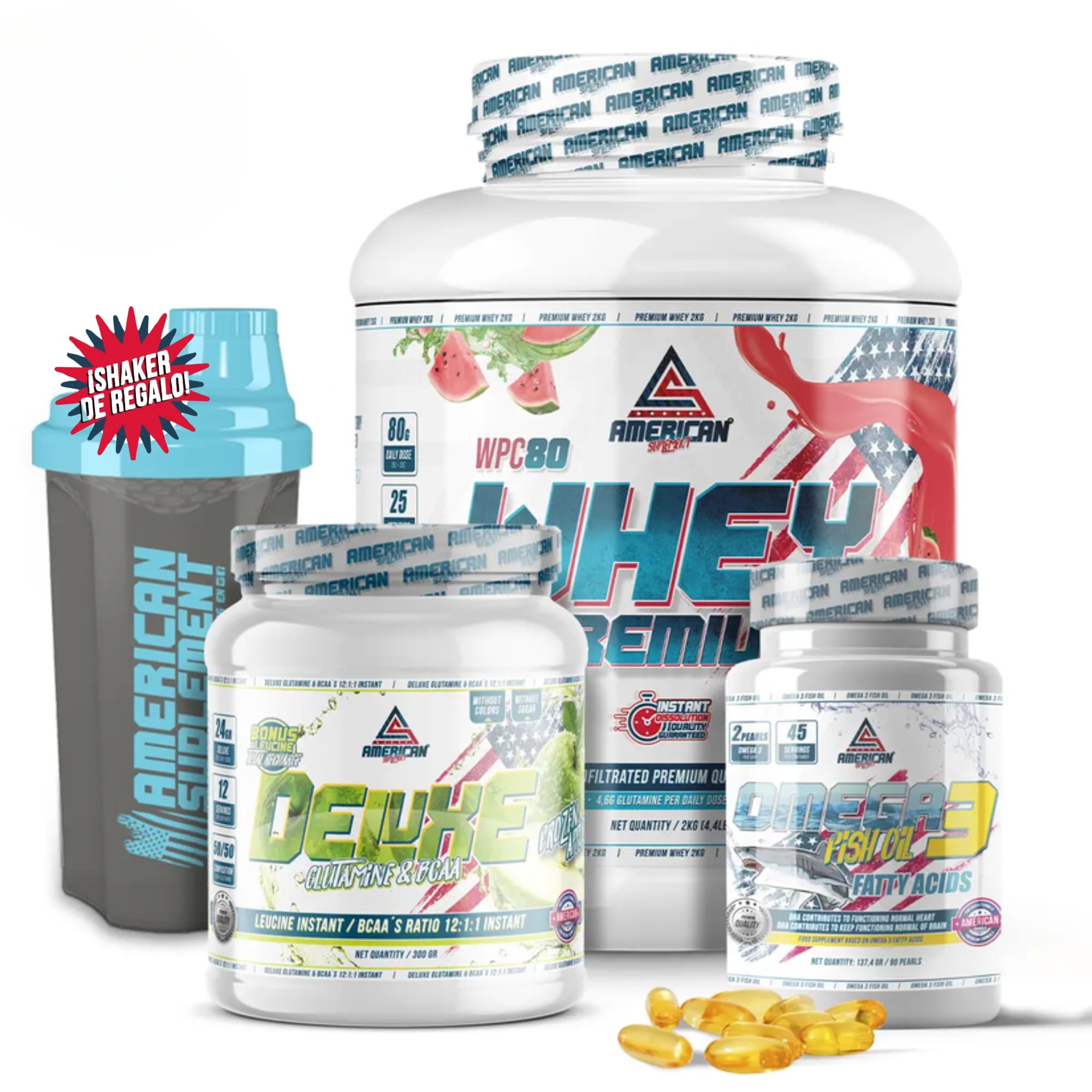 Pack Whey Protein 2kg + Bcaa’s con Glutamina (300g) + Omega 3 | Aumentar Masa Muscular, Recuperación y Rendimiento | Shaker de REGALO