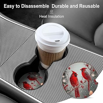Cardinal in Snow 4PCS Car Coasters for Cup Holders Universal Vehicle Car Cup Holder Insert Coaster 2.56 Inch Auto Coasters