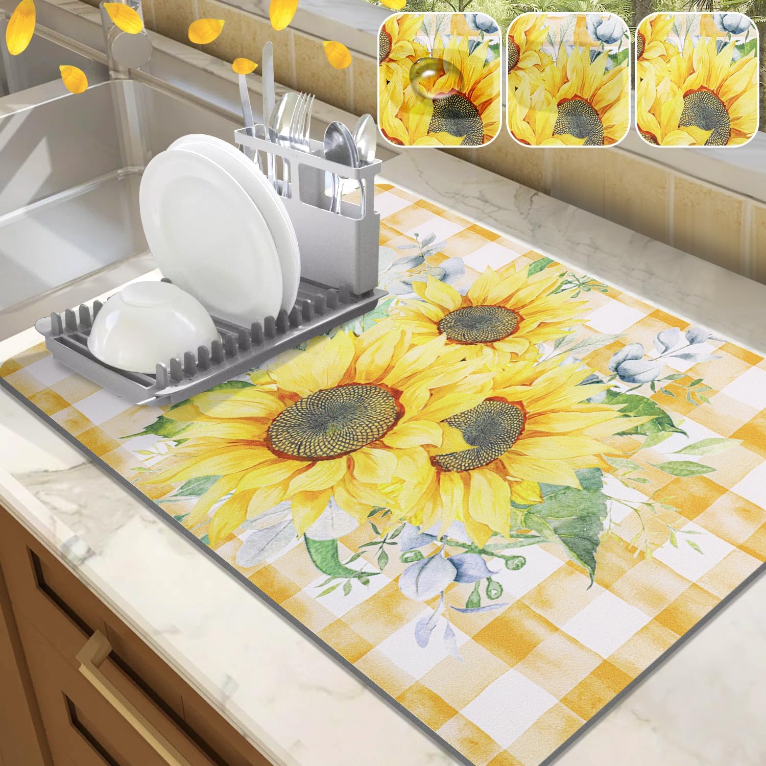 LOKHOM Dish Drying Mat for Kitchen Counter, 18″x24″ Absorbent Coffee Bar Mat with Sunflowers, Vintage Floral Dish Drainer Rack Mats for Kitchen Counter Coffee Maker Coffee Pot Dining Room Decoration