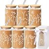 Havawish 12 Pcs Flower Glass Cups with Gift Boxes Glass Cups with Bamboo Lids and Straws Cute Coffee Tumbler for Women GirlsBoho