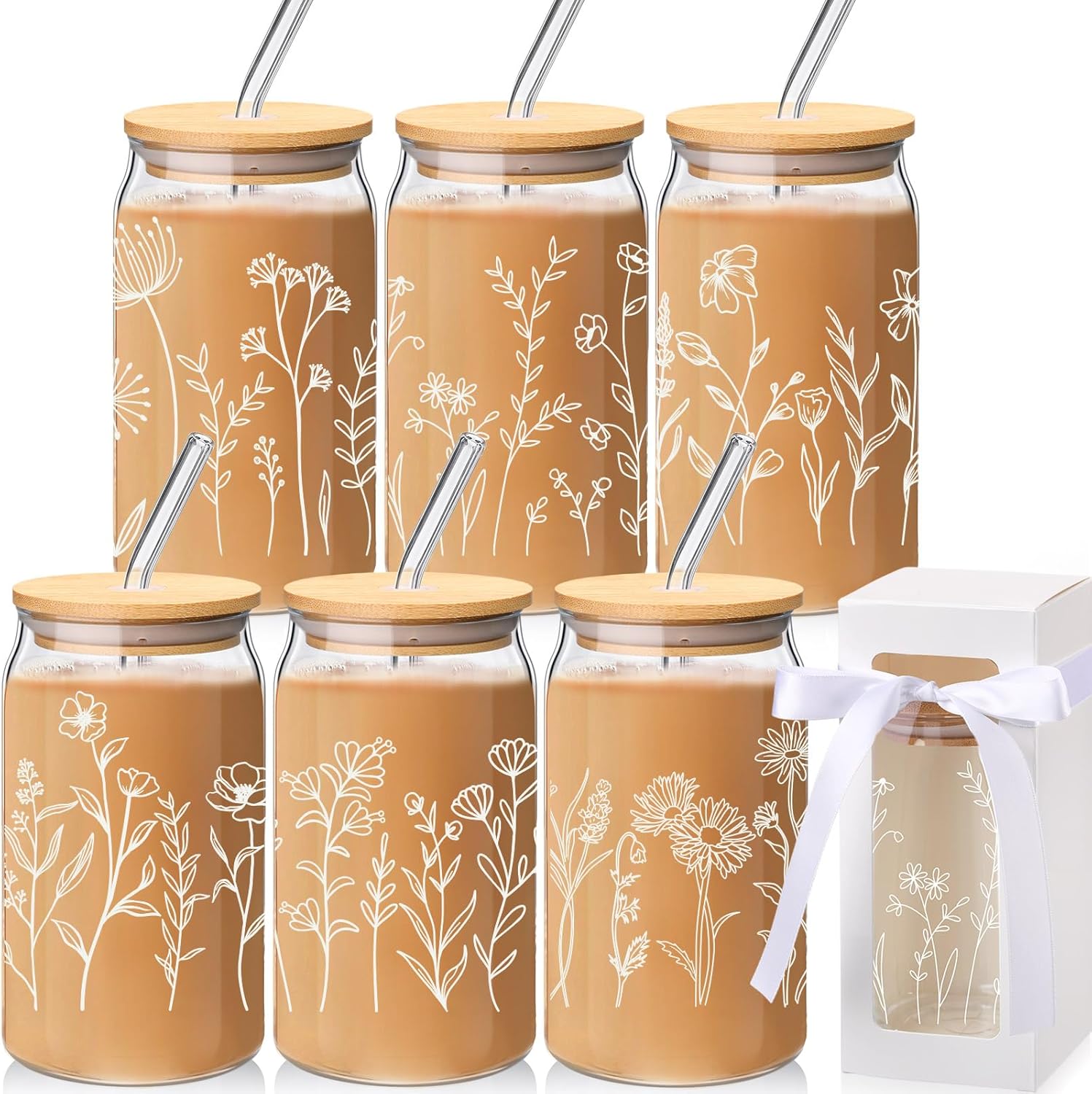 Havawish 12 Pcs Flower Glass Cups with Gift Boxes Glass Cups with Bamboo Lids and Straws Cute Coffee Tumbler for Women Bridesmaid Mothers Day(Boho)