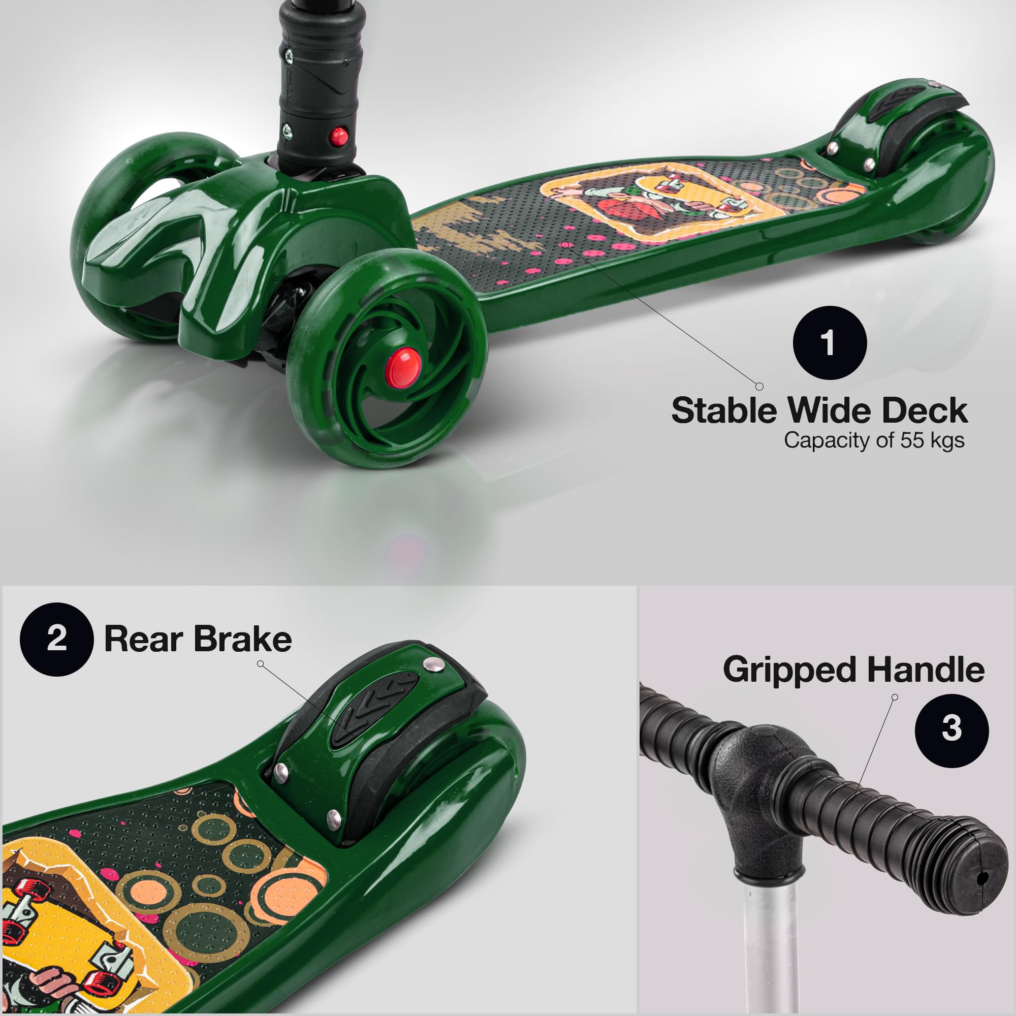 Baybee Flash Kick Scooter for Kids | Smart Foldable 3 Wheel Kids Scooter with 4 Height Adjustable, LED PU Wheels & Brake | Skating Scooters Upto 75 Kg Capacity | Skate Scooters for Kid (Dark Green) 4