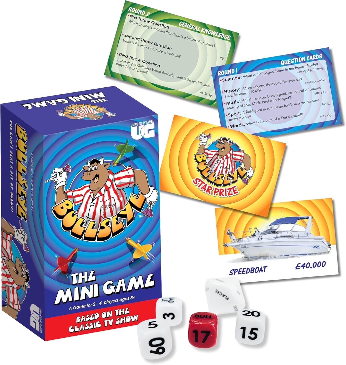 University Games Bullseye The Mini Game, Classic TV Show Card Game with Darts Dice, 2-4 Players, Ages 8+