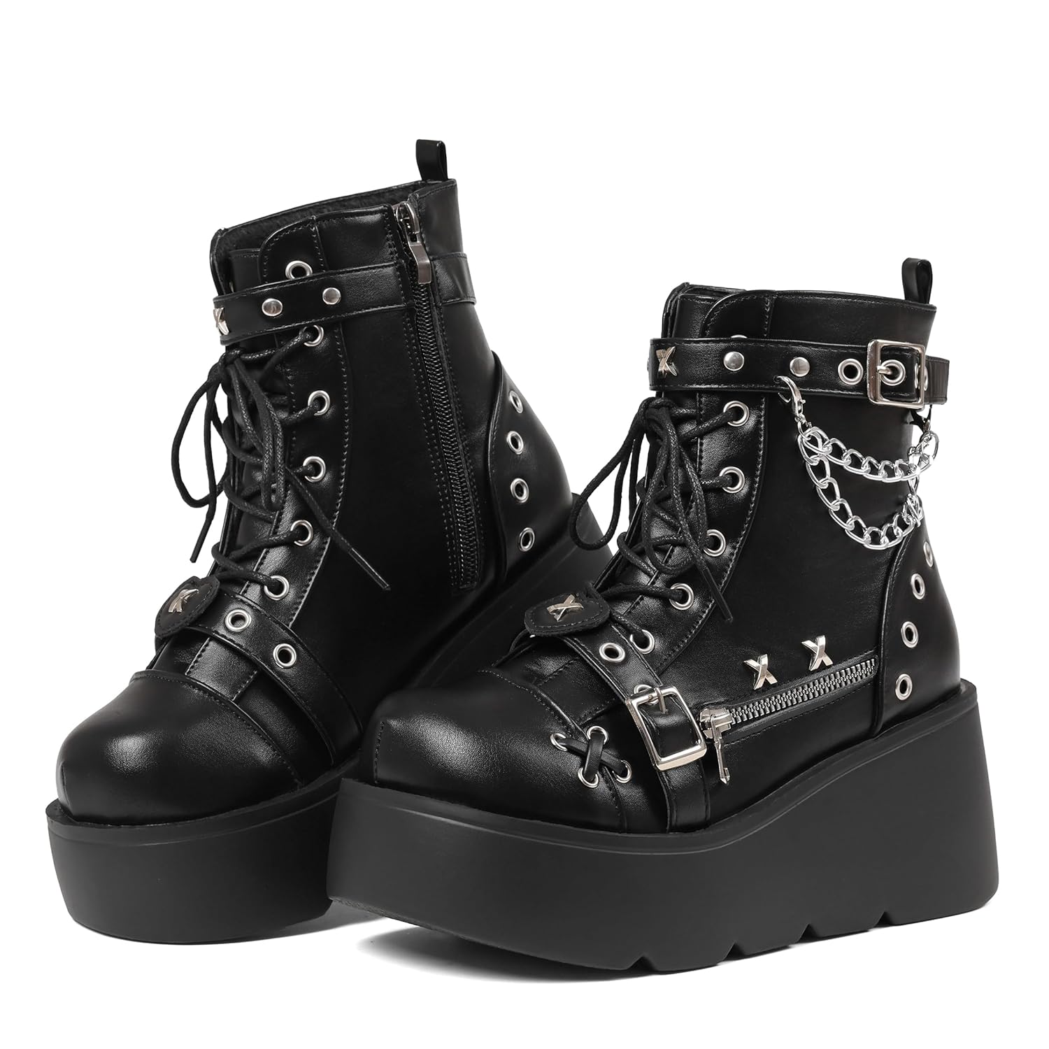 Celbreez Platform Boots for Women Goth Boots Ankle Boot Side Zip Round Toe Wedge Buckle Combat Rave Boot