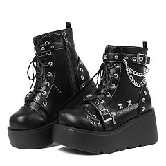 Celbreez Platform Boots for Women Goth Boots Ankle Boot Side Zip Round Toe Wedge Buckle Combat Rave Boot
