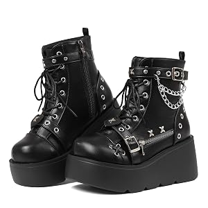 Celbreez Platform Boots for Women Goth Boots Ankle Boot Side Zip Round Toe Wedge Buckle Combat Rave Boot