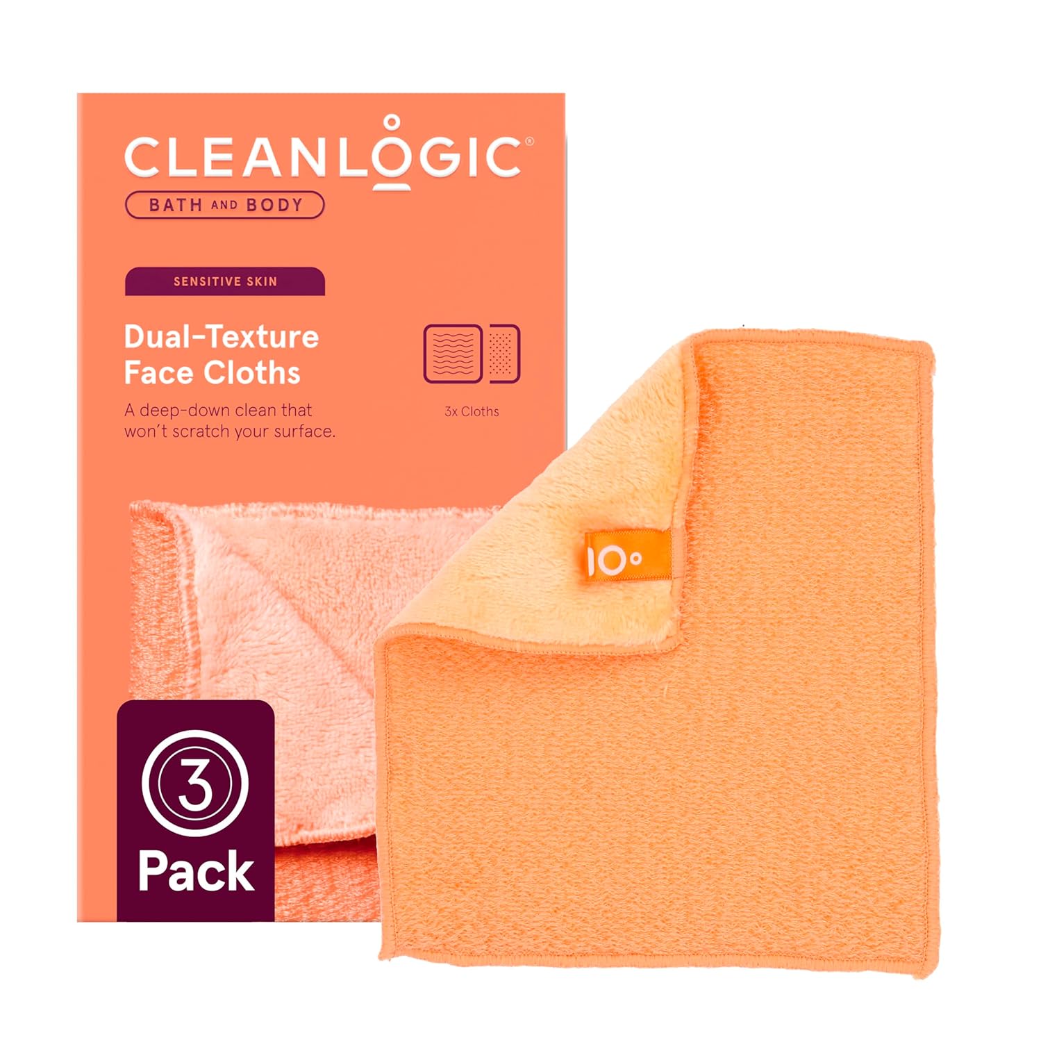 Cleanlogic Bath & Body Exfoliating Dual-Texture Face Cloths, 3 Pack, Premium Quality Facial Wash Cloths for Cleansing Sensitive Skin