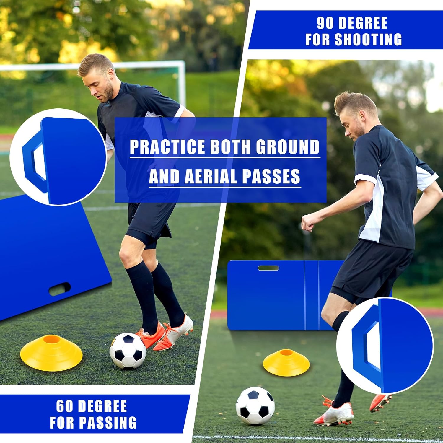 Poen Foldable Soccer Rebounder Wall 33 x 13'' Soccer Rebounder Board with 2 Angles Portable Soccer Trainer Board Soccer Training Equipment with 20 Agility Cones for Control Shooting Practice (Blue)