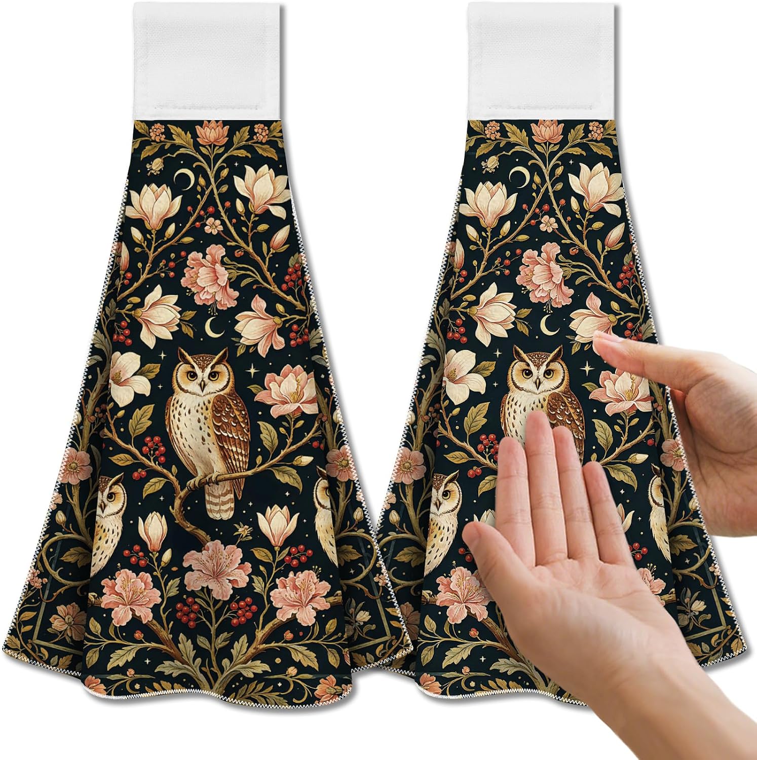 CUTHOLLOW 2 Pcs Vintage Owls and Flowers Hanging Kitchen Towels with Loop