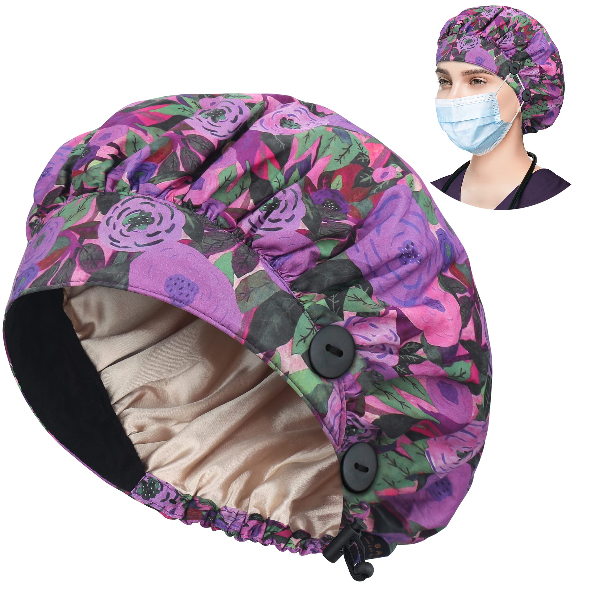 ABAMERICA Bouffant Caps with Button and Sweatband, Adjustable Scrub Caps for Women Men, One Size Multi Color