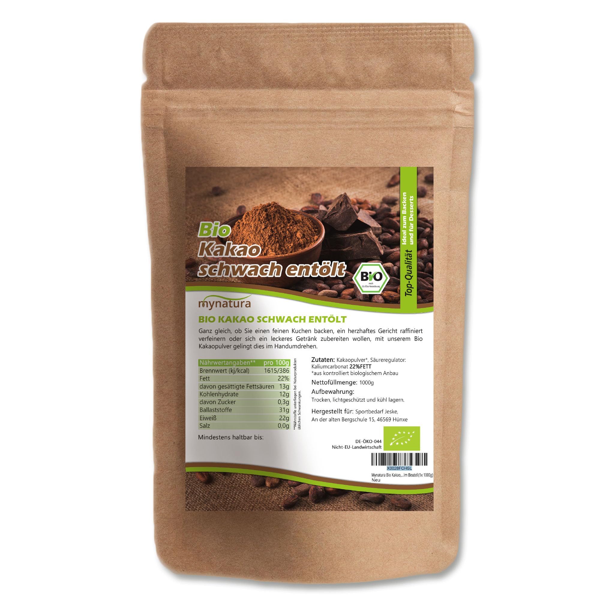 Mynatura Bio Kakao, schwach entölt I Kakaopulver I Cacao I entölt I Backen I Getränk I Kochen I Rein pflanzliches Pulver I Vegan I Im Beutel (3x 1000g)