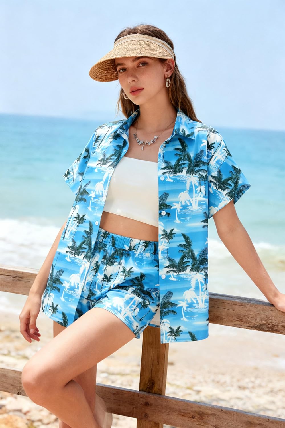 ALLTB Women's 2 Piece Outfits Hawaiian Tropical Print Open Front Button Down Short Sleeve Shirts Beach Boho Style Shorts Set - Image 5