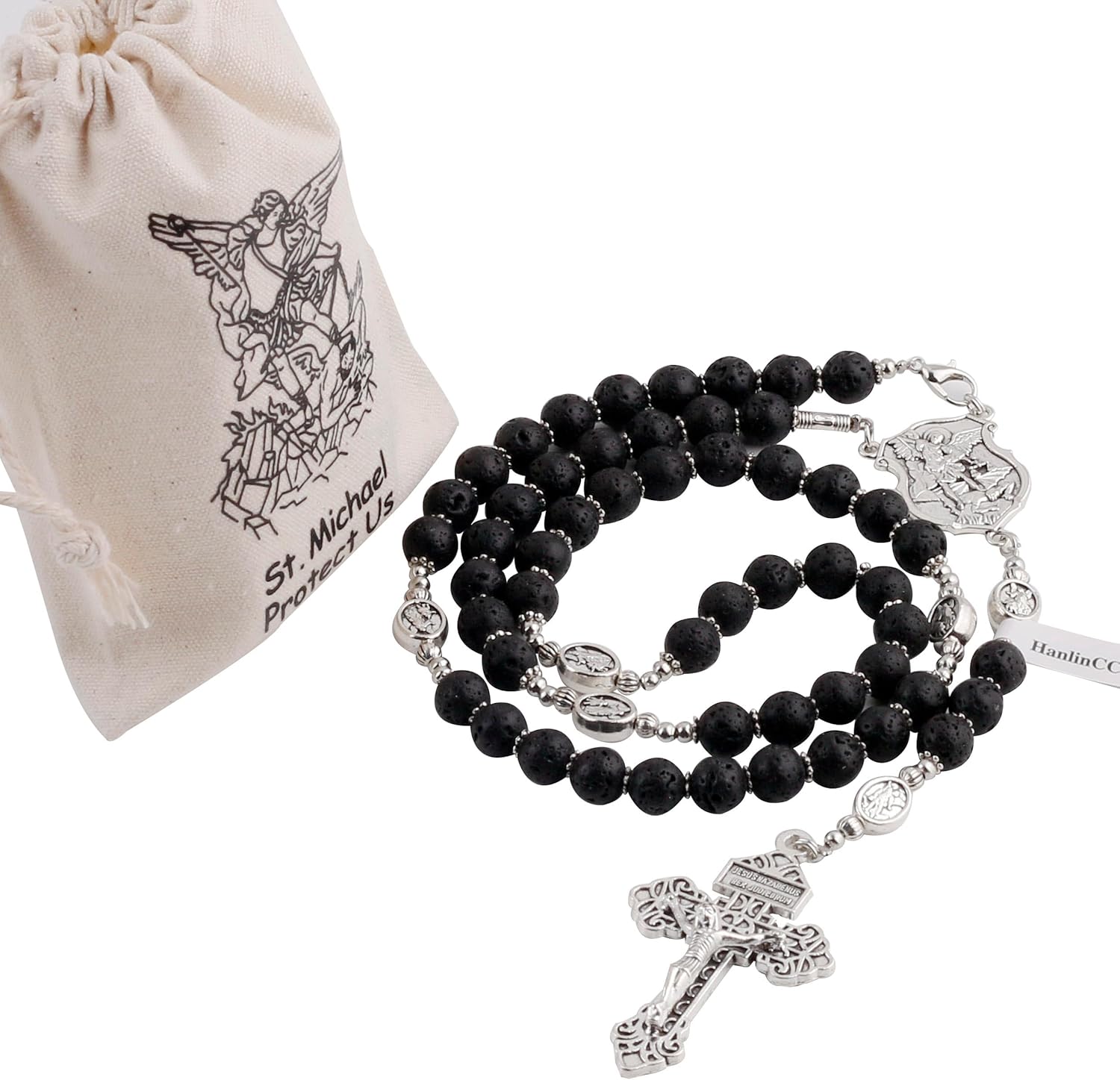 HanlinCC Black Lave Stone Beads Saint Michael Catholic Rosary Necklace with Gift Bag - Image 7