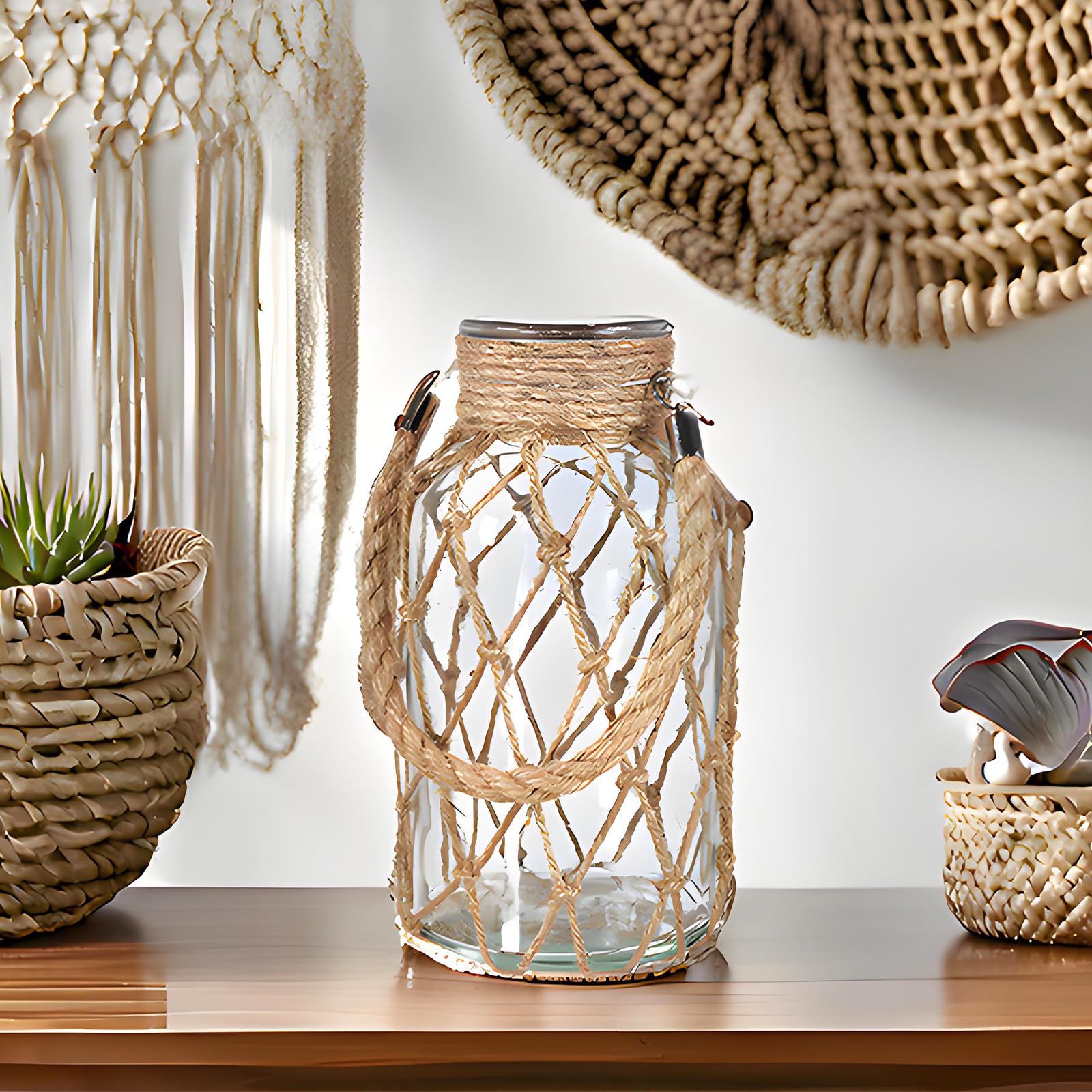 TIWPAJS Pampas Grass Vase, Boho Home Decor for Bedroom/Living Room/Coffee Table/Entryway/Office/House, Fall Farmhouse Decor, Glass Vase with Hand-Woven Hemp Rope, Room Decor Aesthetic, Modern Home