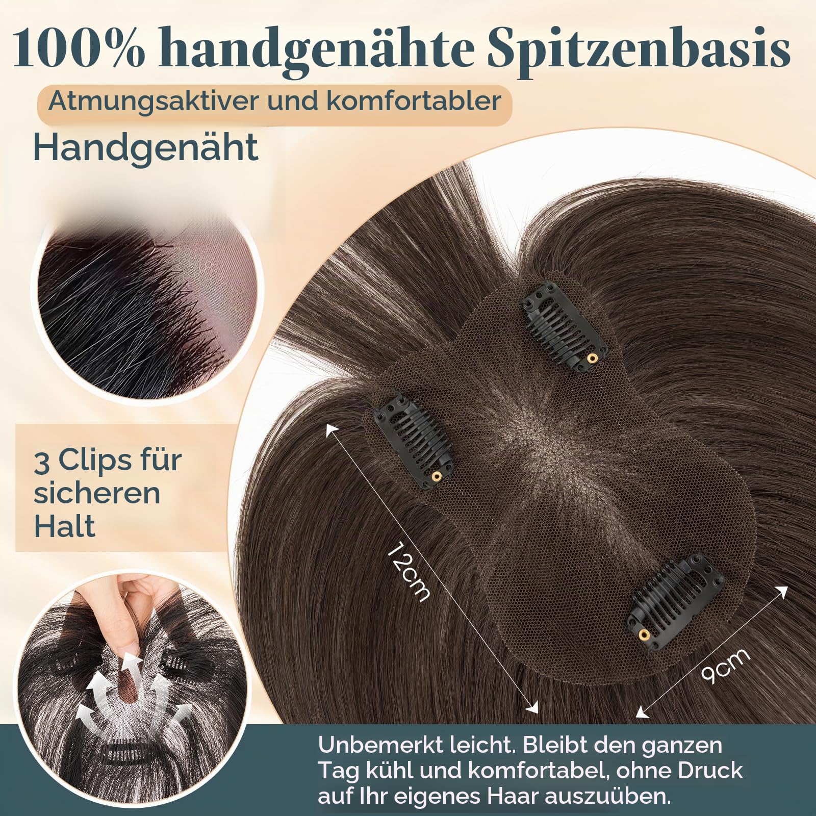 MY-LADY Echthaar Topper Damen mit Luftiger Pony, 100% Handgehäkelt Clip in Pony Haarteile Echthaar Leicht und atmungsaktiv Dunkel Braun (19g)