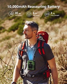 Koonie Waist Clip Fan Portable with Light, 10000mAh Rechargeable Hands-free Personal Body fan Lasts 30hrs, USB Port Power Supply, 3 Speeds Under Shirt Fan for Outdoor Works, Farm, Camping, Travel