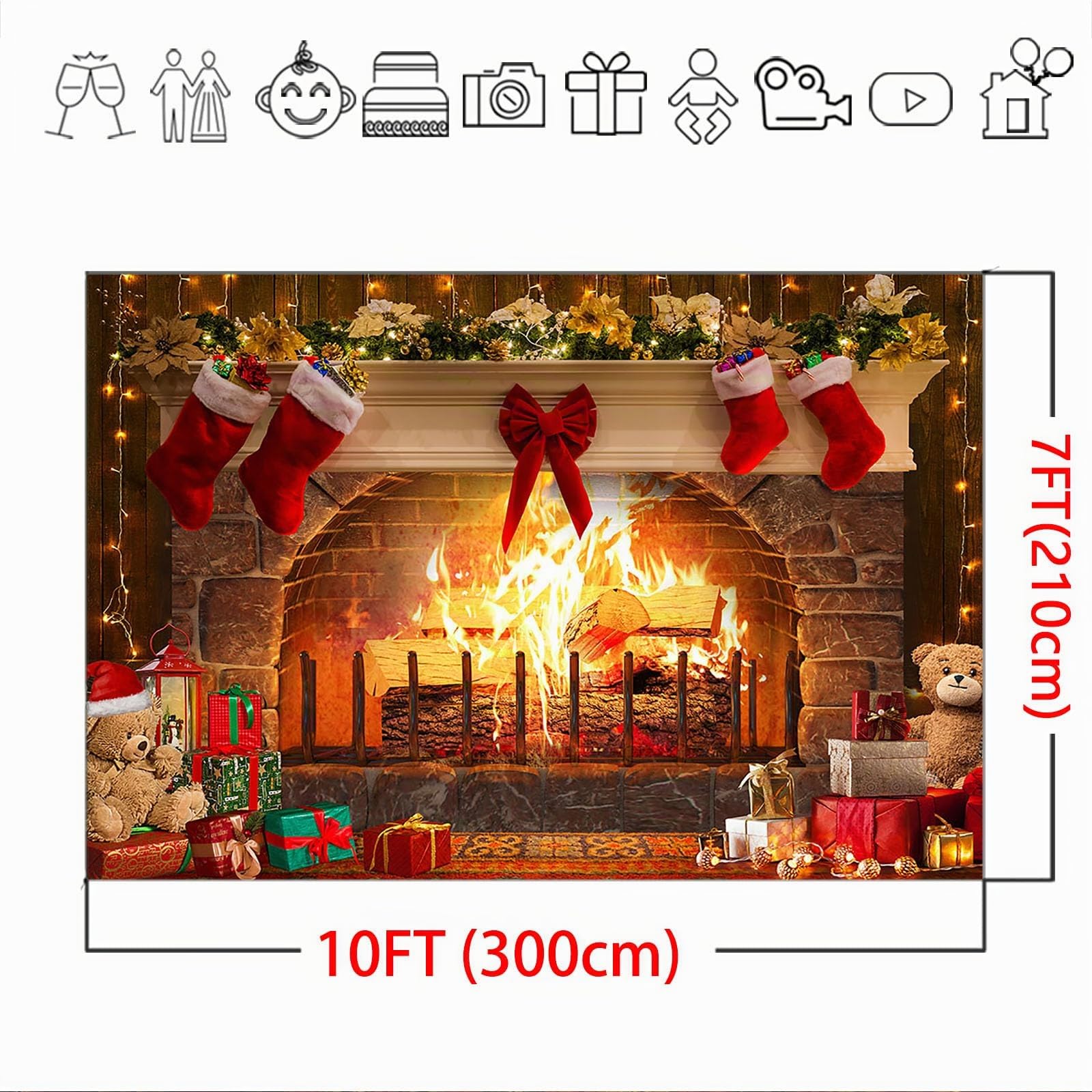 Avezano Sfondo natalizio per caminetto fotografico, decorazione natalizia con mattoni rossi, decorazione per feste in famiglia, accessori per cabina fotografica (3 x 2,1 m)
