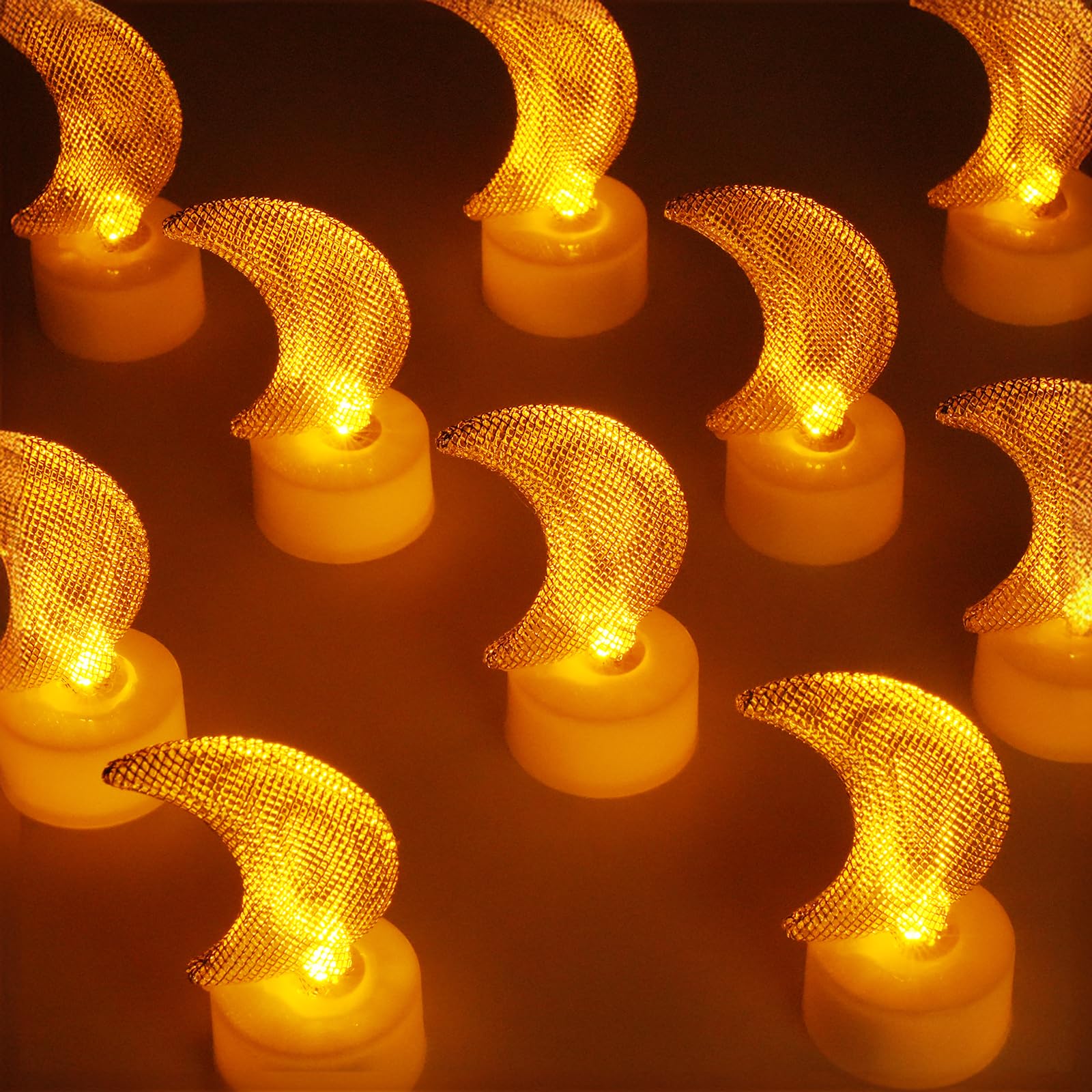 6PCS Moon Tea Lights Candles(Ironwork), LED Flameless Candles Battery Operated for Holiday Gifts, Led MINI Electric Faker Votive Tealight Candles for Desk, Ramadan Birthday Decorations (Moon, 6)