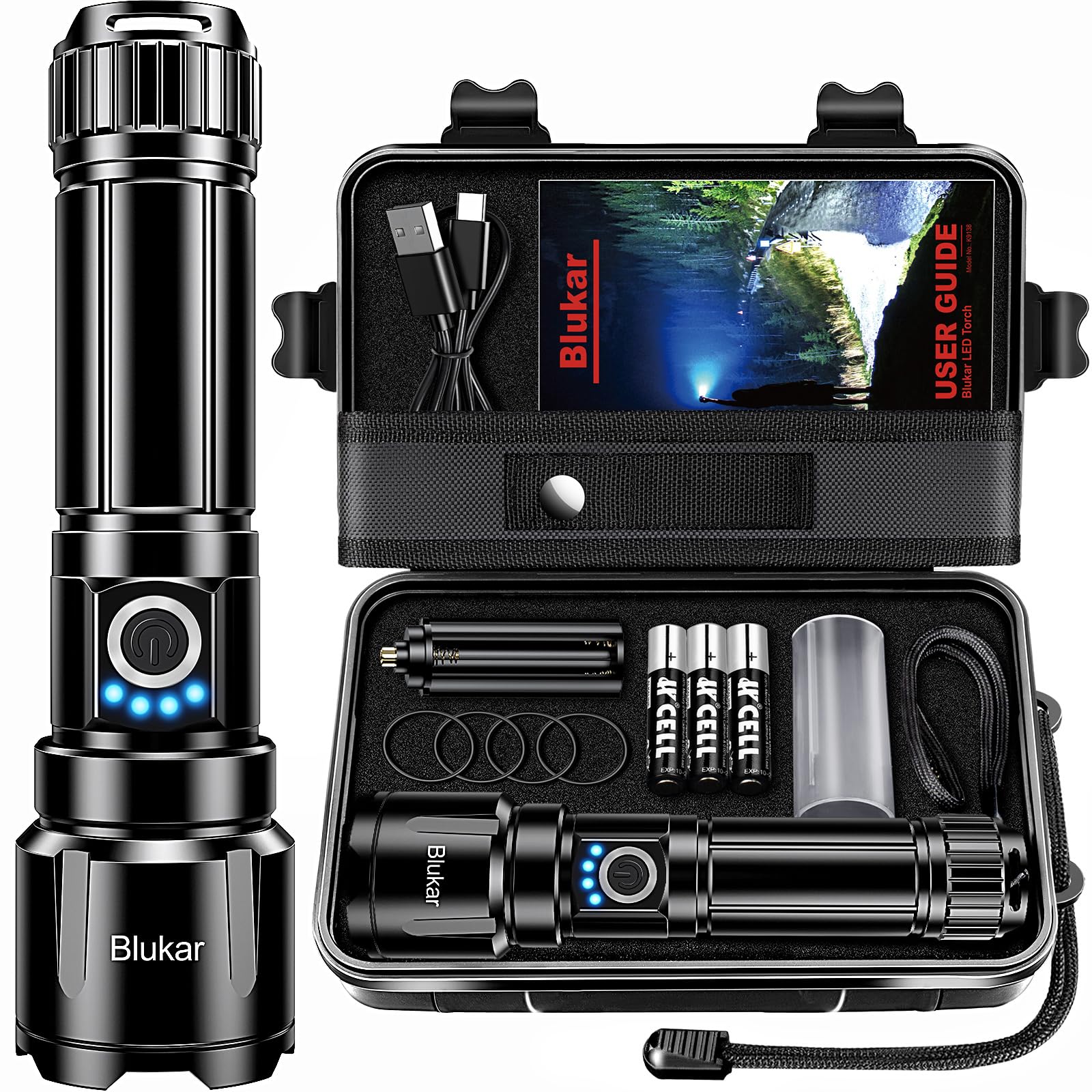 Blukar Taschenlampe LED Aufladbar, Extrem Hell Hohe Helligkeit Zoombar Taschenlampen Starke mit 5 Lichtmodi, IP67 Wasserdichte Flashlight Torch für Camping, Wandern, Outdoor, Angeln, Notfäll