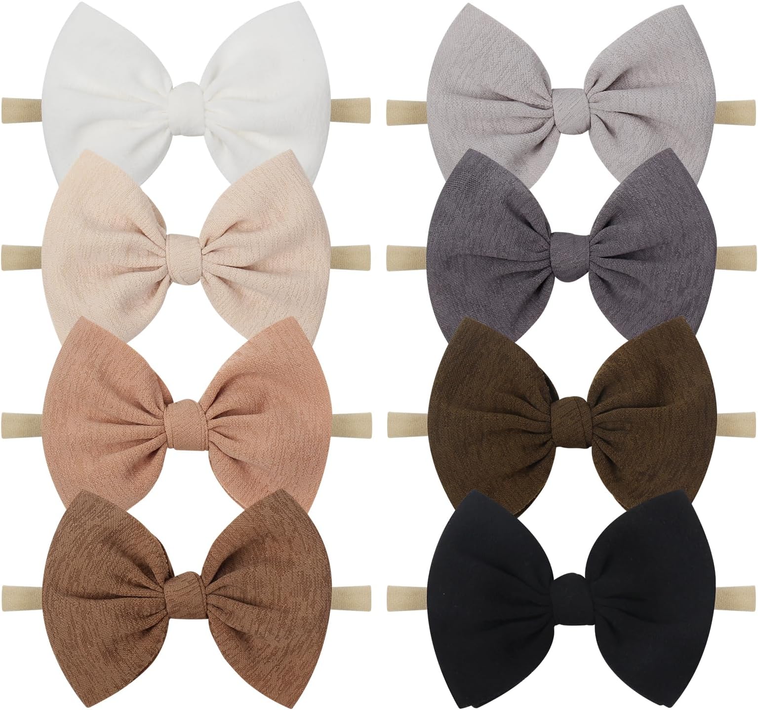 Big Bows Hairbands, 8 PCS Handmade Baby Girl Headbands with Bows, Stretchy Nylon Newborn Toddler Hairbands, Tan