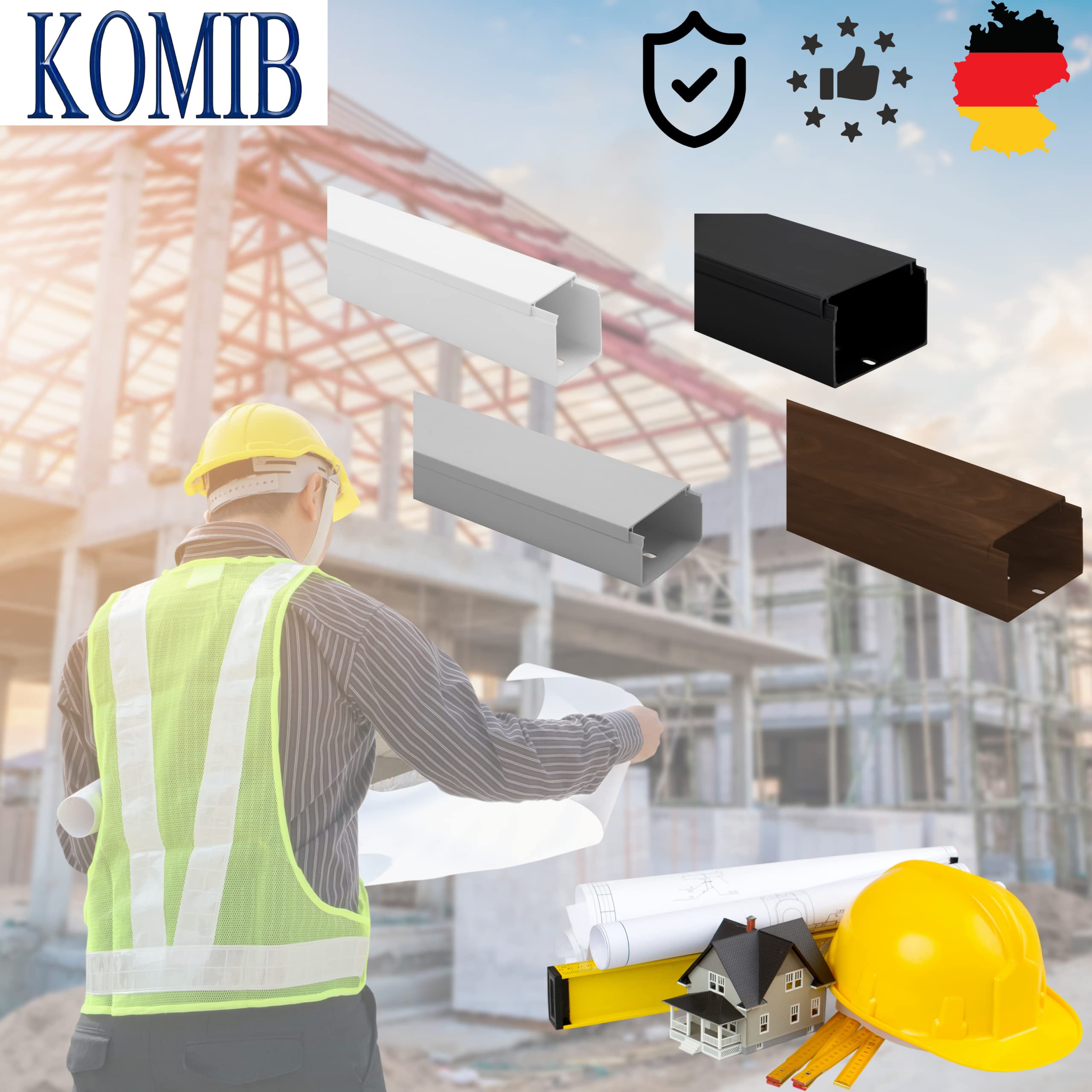 KOMIB Hochwertige KK9040RW Kabelkanal 90 x 40 x 2000mm Weiß (reinweiß) 10 Meter - 5 x 2m (5 Stück) Elektroinstallation Kabelkanal Kabelabdeckung Kabelmanagement PVC/VDE (90 x 40mm)