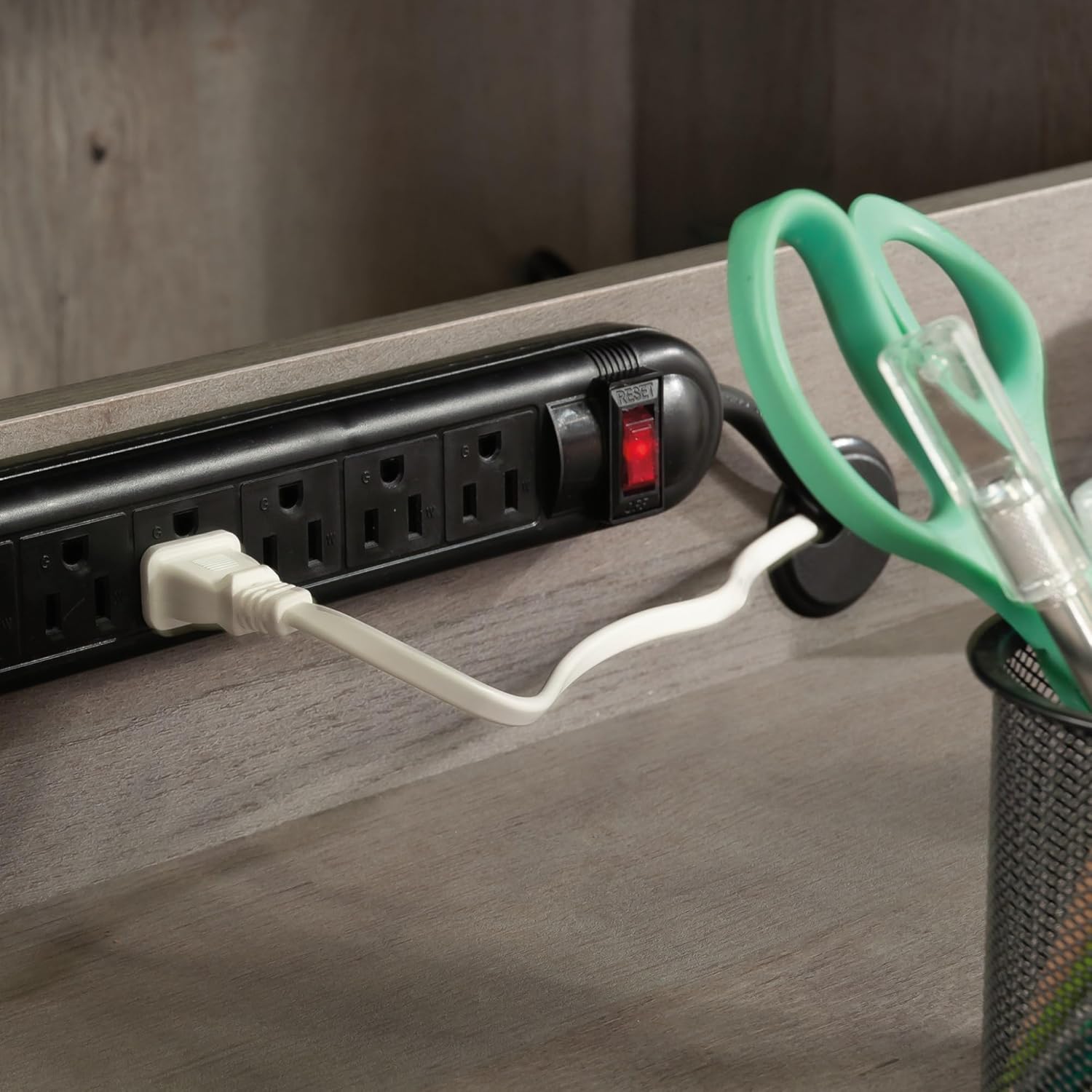 Close-up of integrated power strip