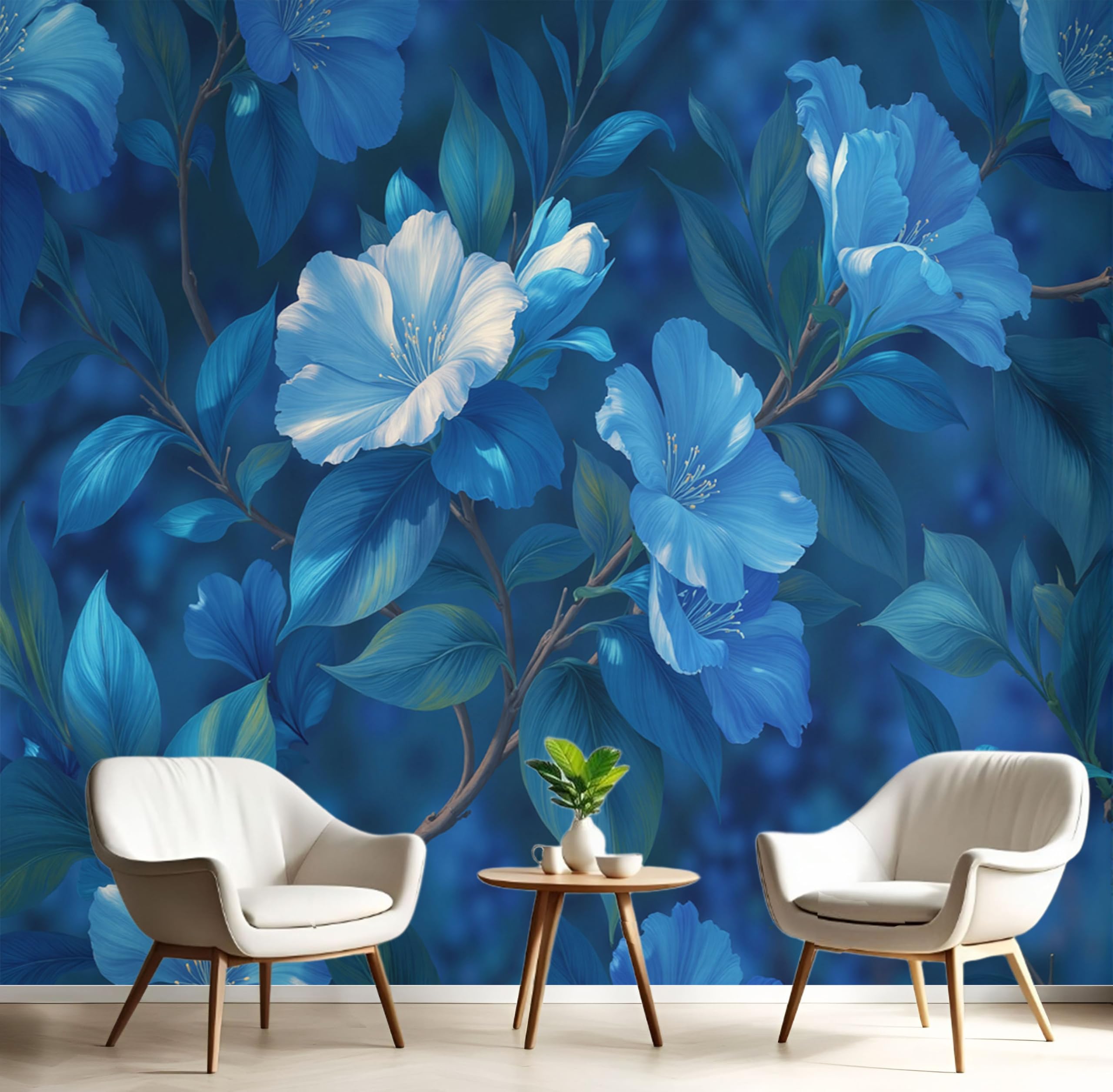 Papier peint panoramique salon bleu royal avec motif plantes fantastiques