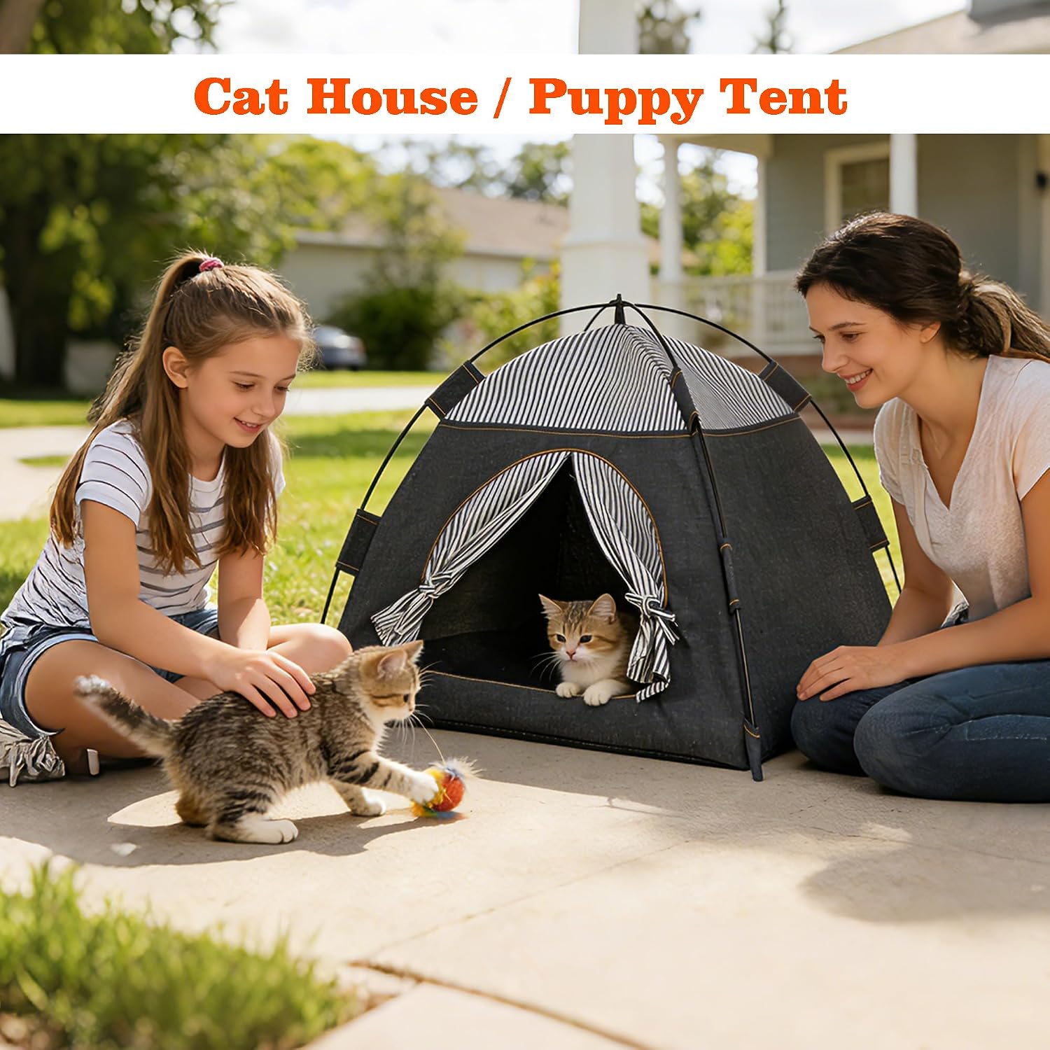 Gigreinc Cat Tent for Indoor & Outdoor - Breathable Mesh with Stylish Denim Plaid Pattern - Portable Cat House, Puppy Tent L Size (22.8×22.8×18.5 Inches) for 12-20 lbs. Pets.